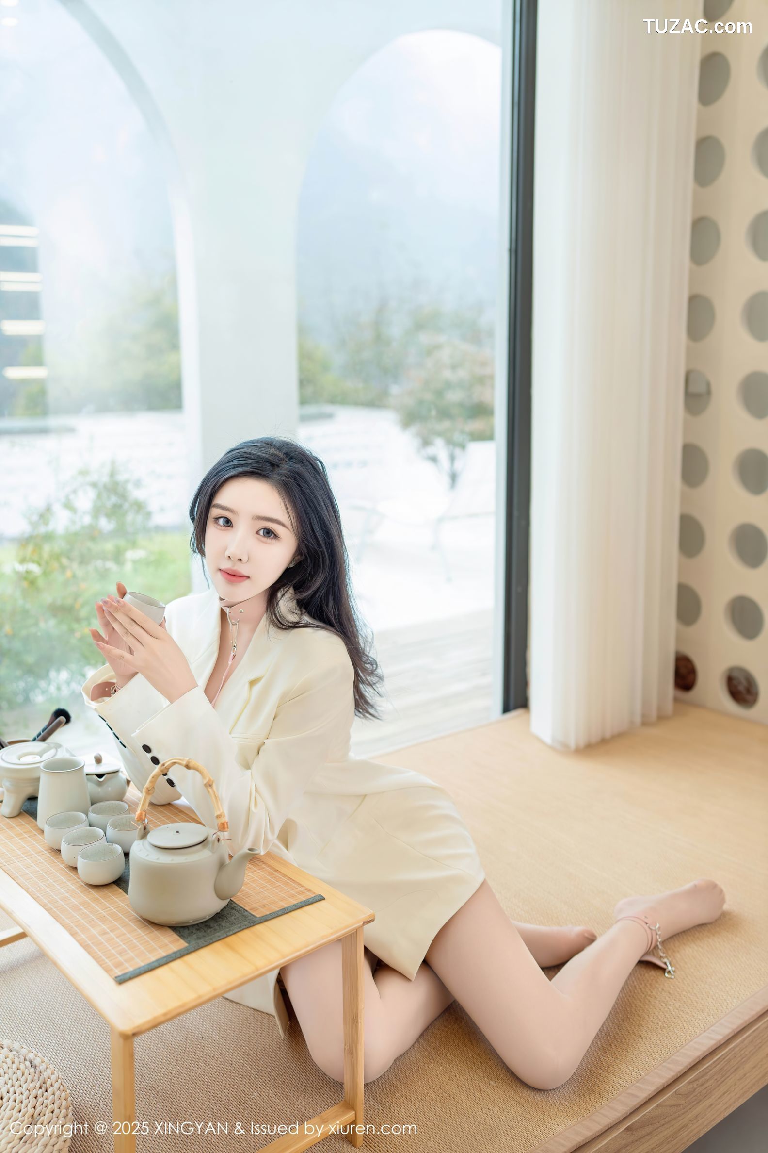 XingYan星颜社-315-袁圆-品茶场景白西装白色透视蕾丝-2025.02.27