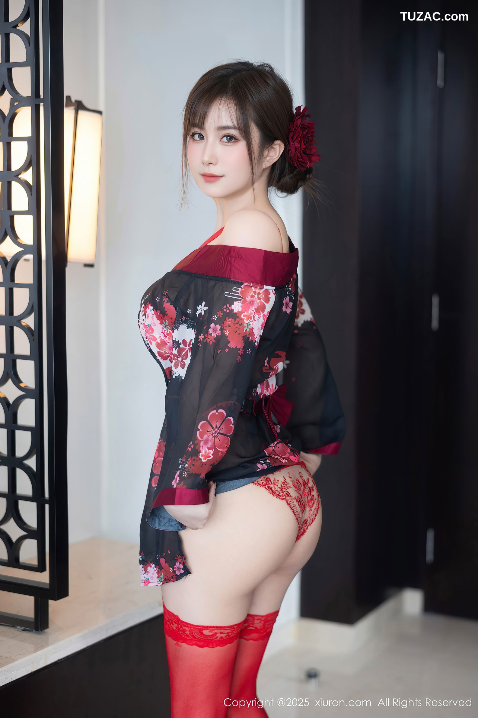 XiuRen秀人网-10026-小肉肉咪-黑色红印花短和服红蕾丝内衣丝袜爆乳-2025.03.17