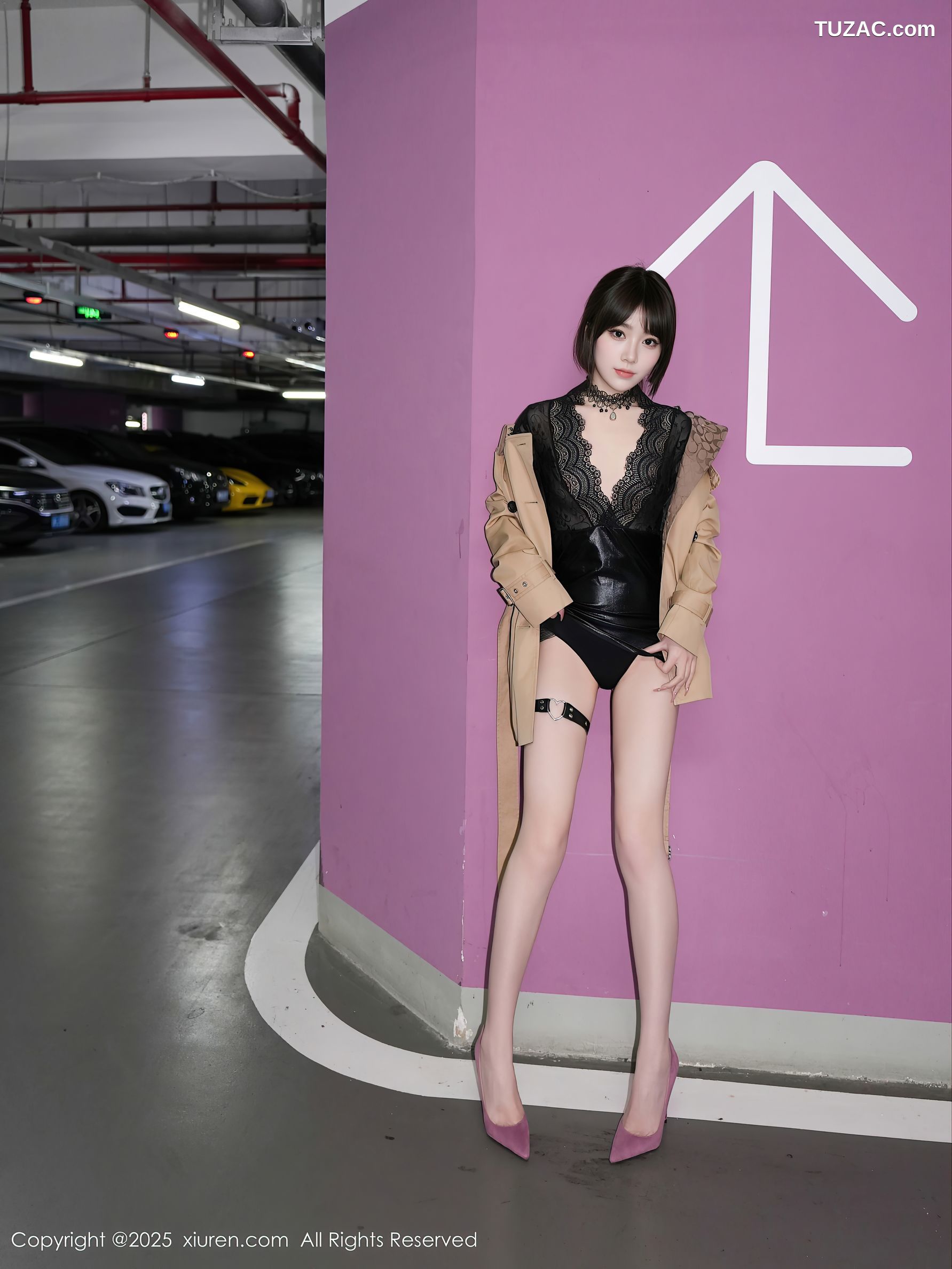 XiuRen秀人网-10134-汁汁-地下停车场米色大衣情趣黑皮短裙黑蕾丝爆乳绑缚-2025.04.10