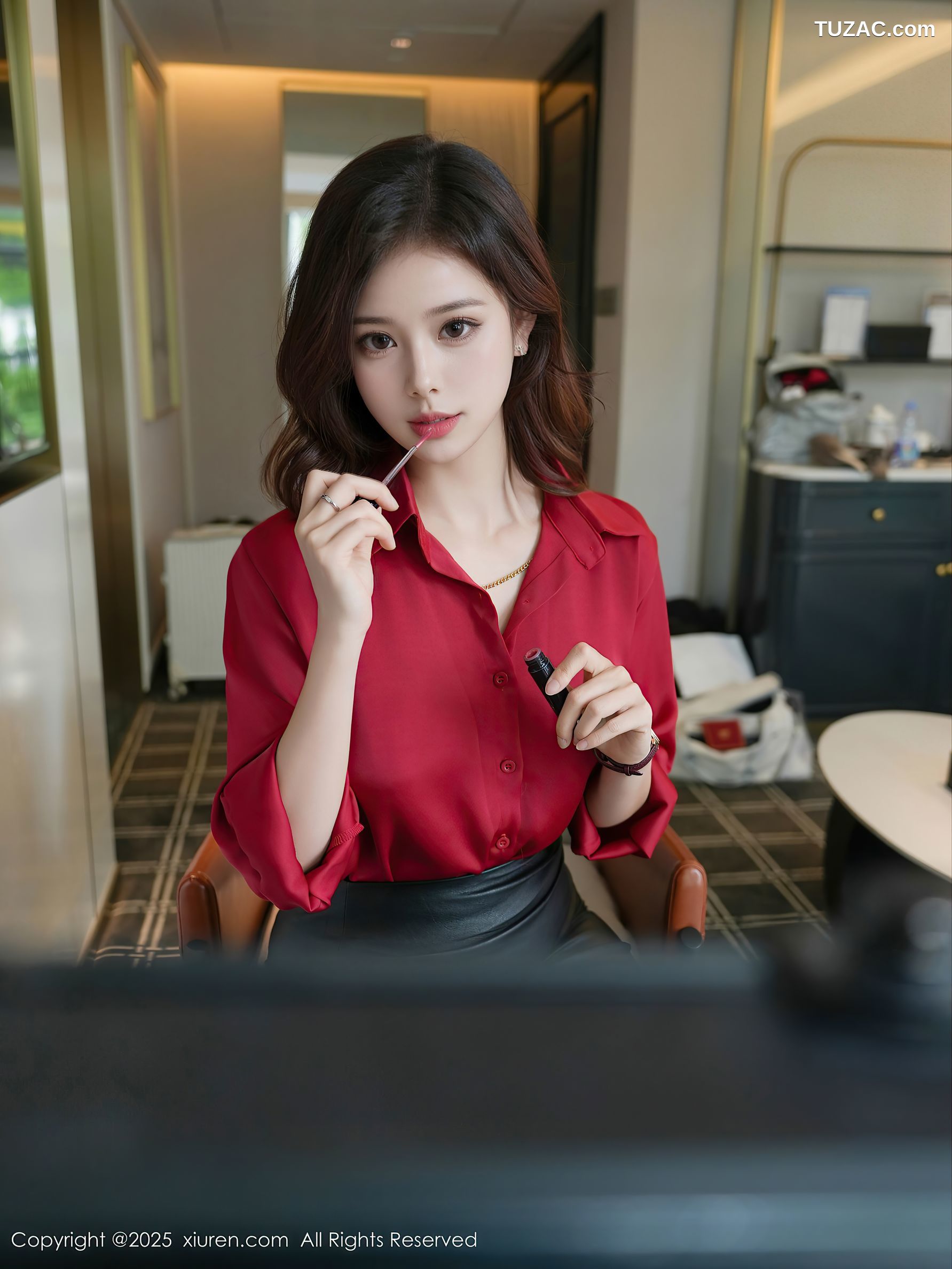 XiuRen秀人网-10157-玫瑰我爱你-红衬衫黑短裙黑丝红色吊袜带爆乳-2025.04.16