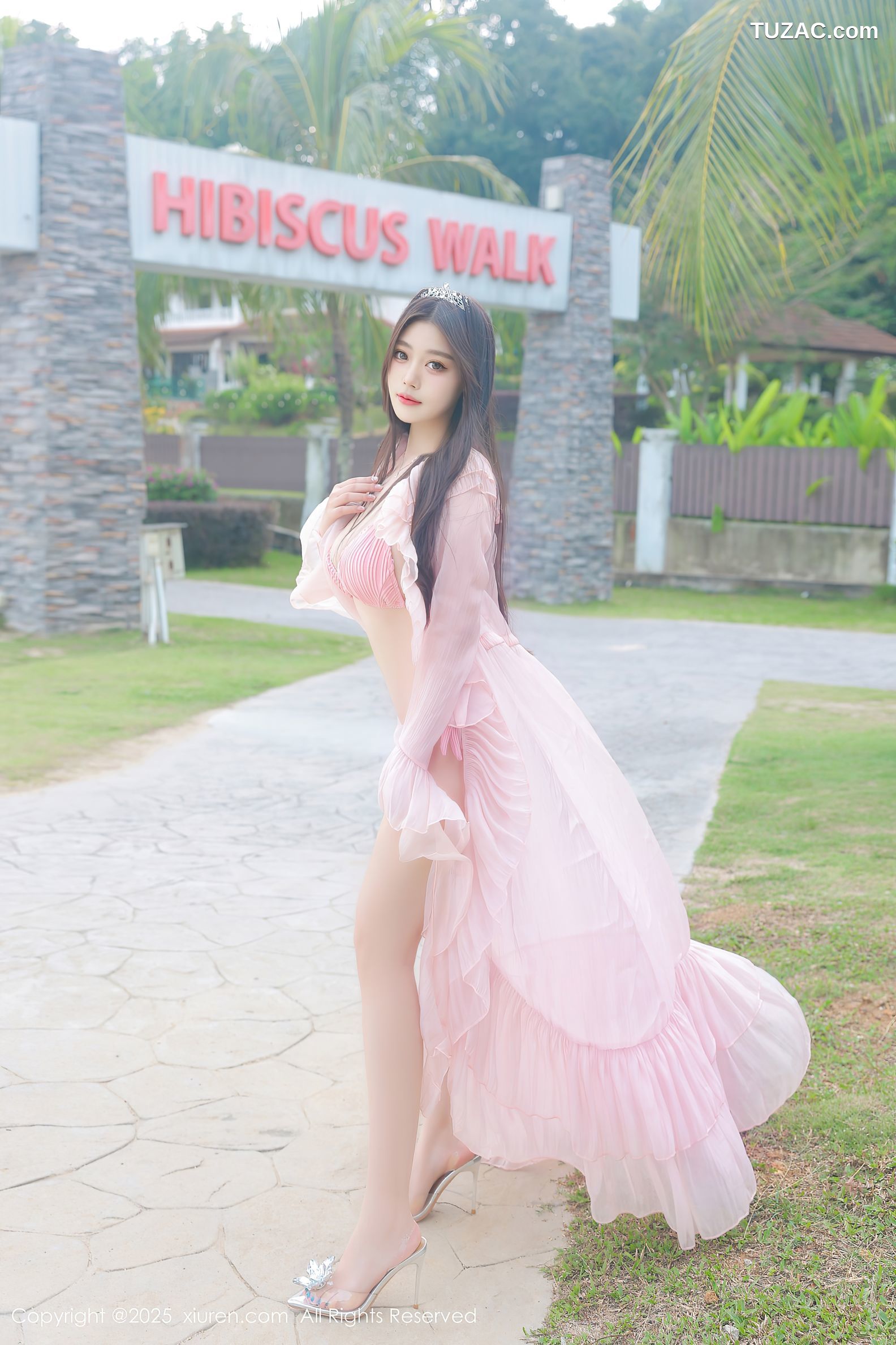XiuRen秀人网-10160-蛋蛋宝-马来西亚大红花酒店海滩粉纱裙粉色比基尼-2025.04.16