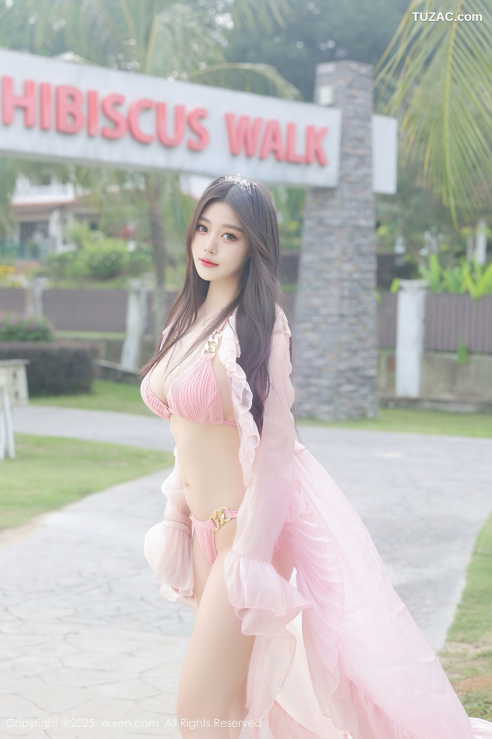 XiuRen秀人网-10160-蛋蛋宝-马来西亚大红花酒店海滩粉纱裙粉色比基尼-2025.04.16