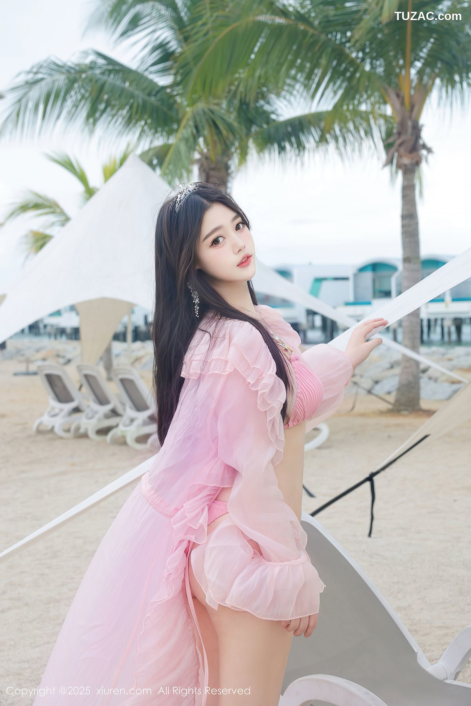 XiuRen秀人网-10160-蛋蛋宝-马来西亚大红花酒店海滩粉纱裙粉色比基尼-2025.04.16