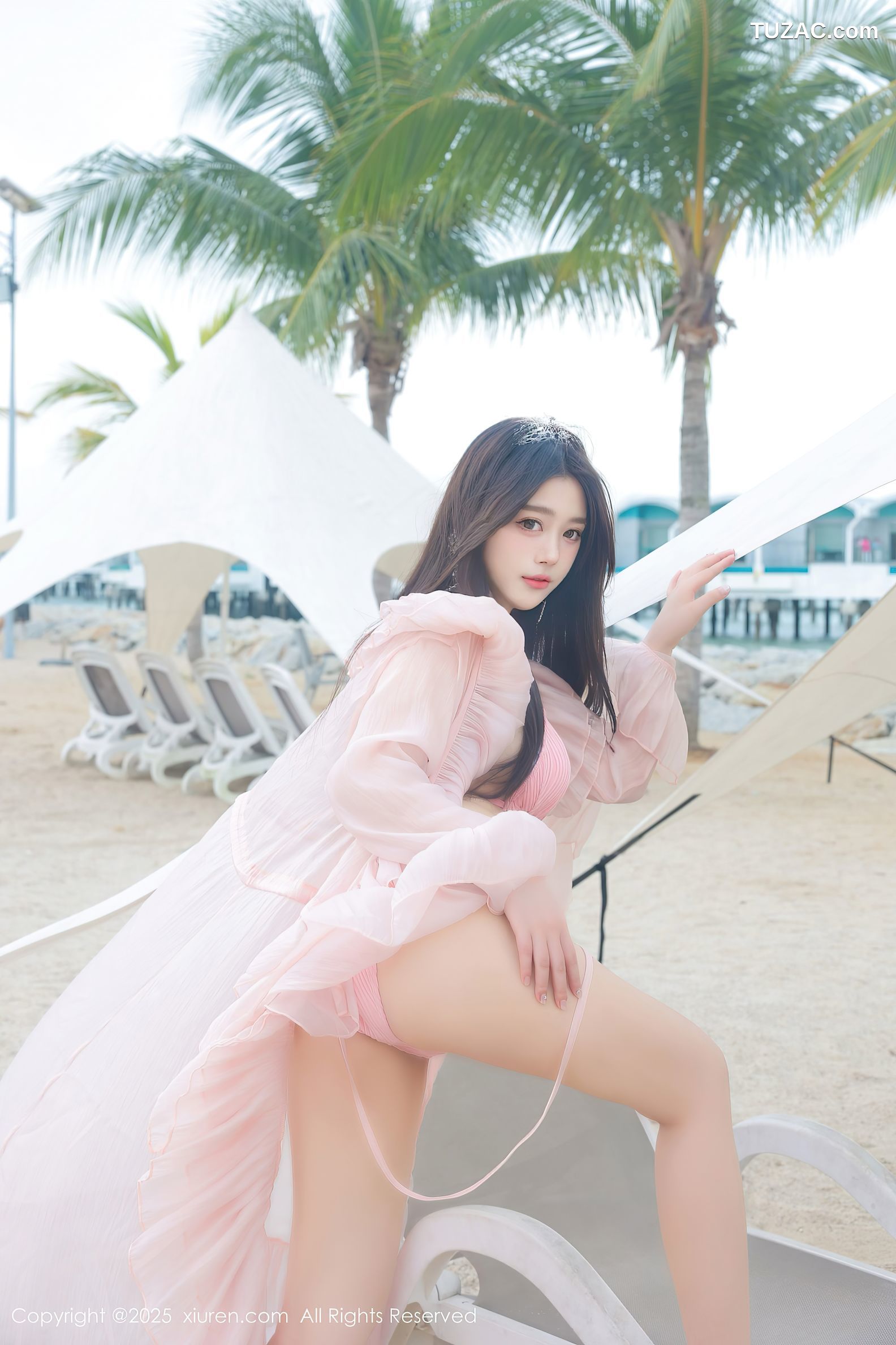 XiuRen秀人网-10160-蛋蛋宝-马来西亚大红花酒店海滩粉纱裙粉色比基尼-2025.04.16