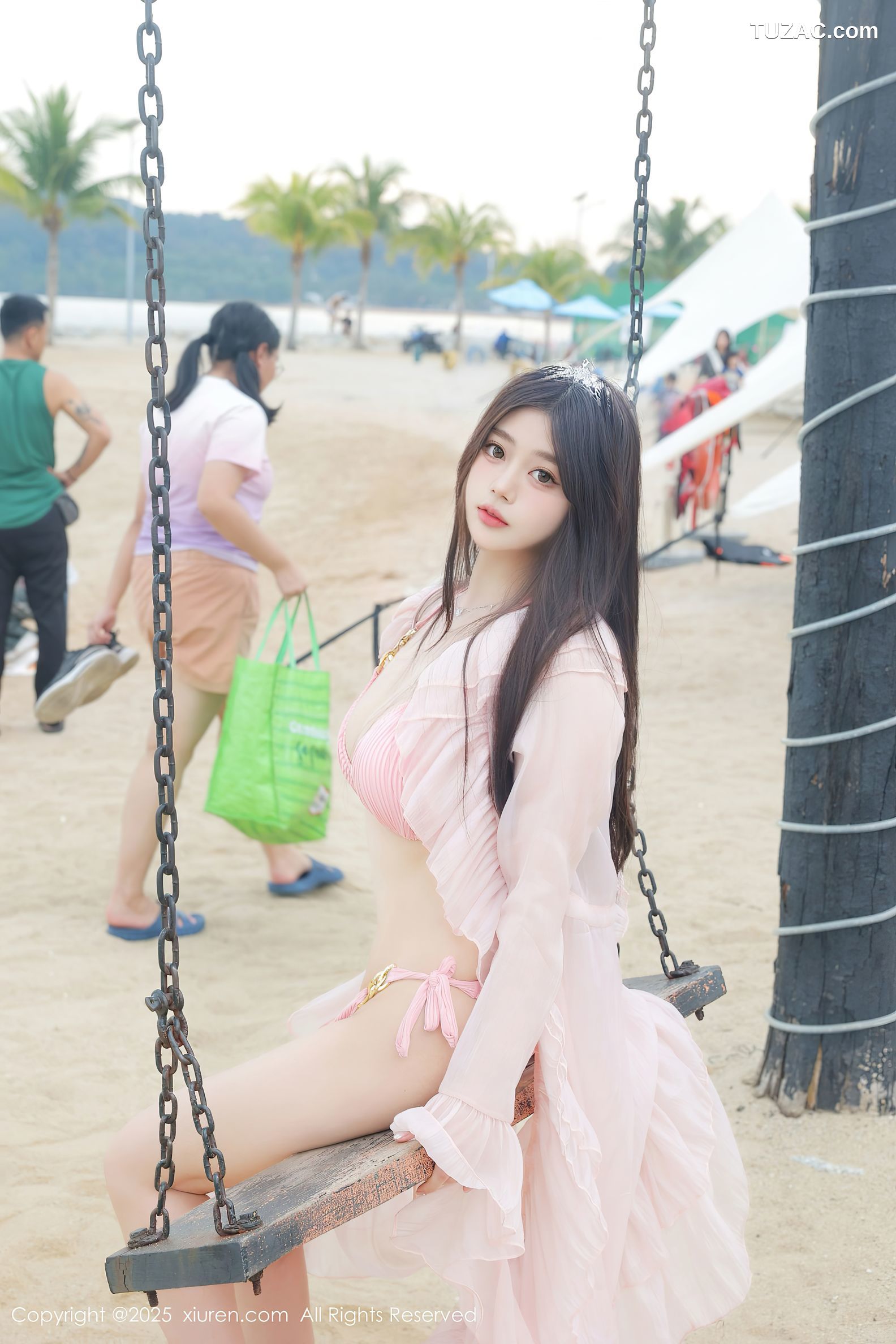 XiuRen秀人网-10160-蛋蛋宝-马来西亚大红花酒店海滩粉纱裙粉色比基尼-2025.04.16