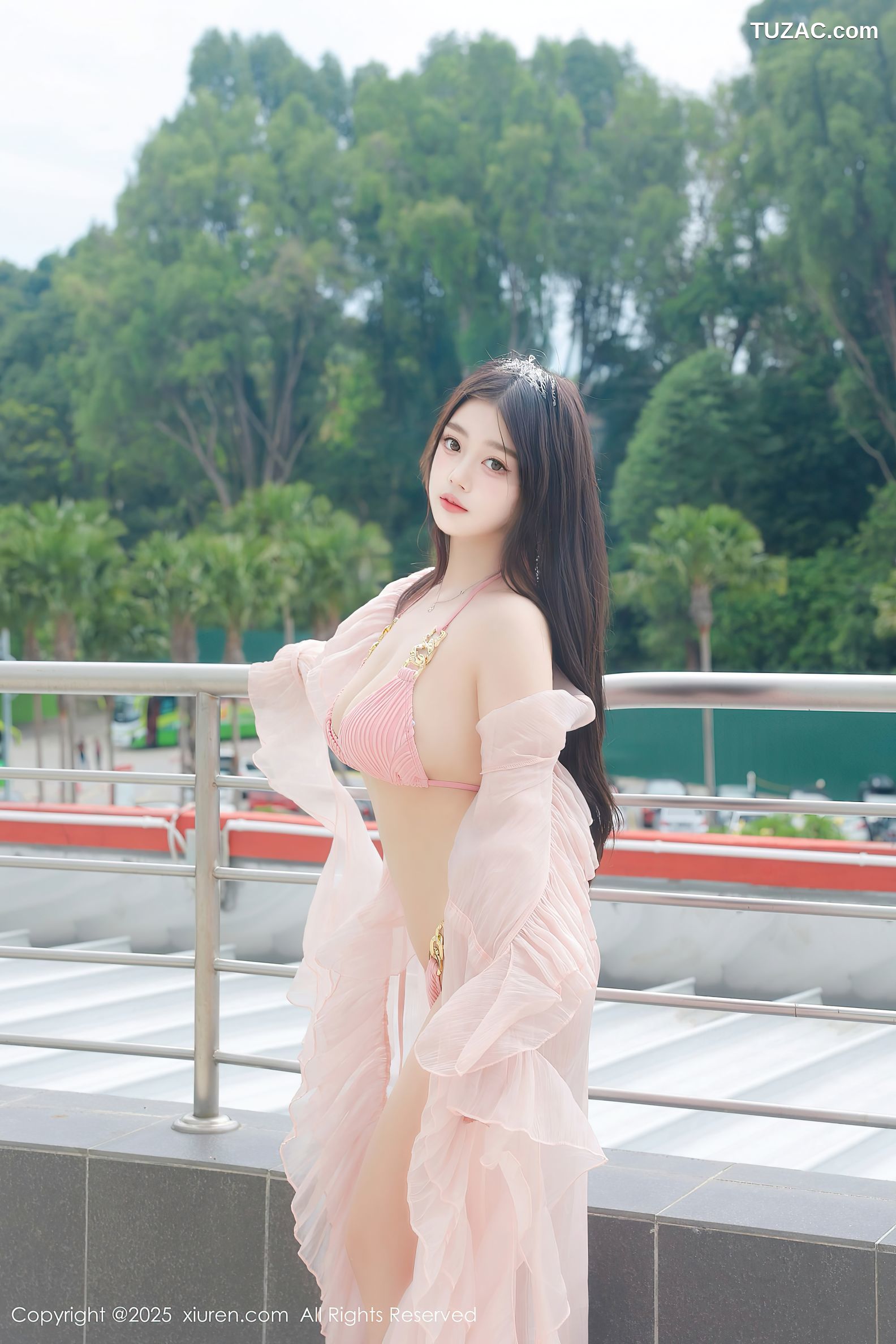 XiuRen秀人网-10160-蛋蛋宝-马来西亚大红花酒店海滩粉纱裙粉色比基尼-2025.04.16