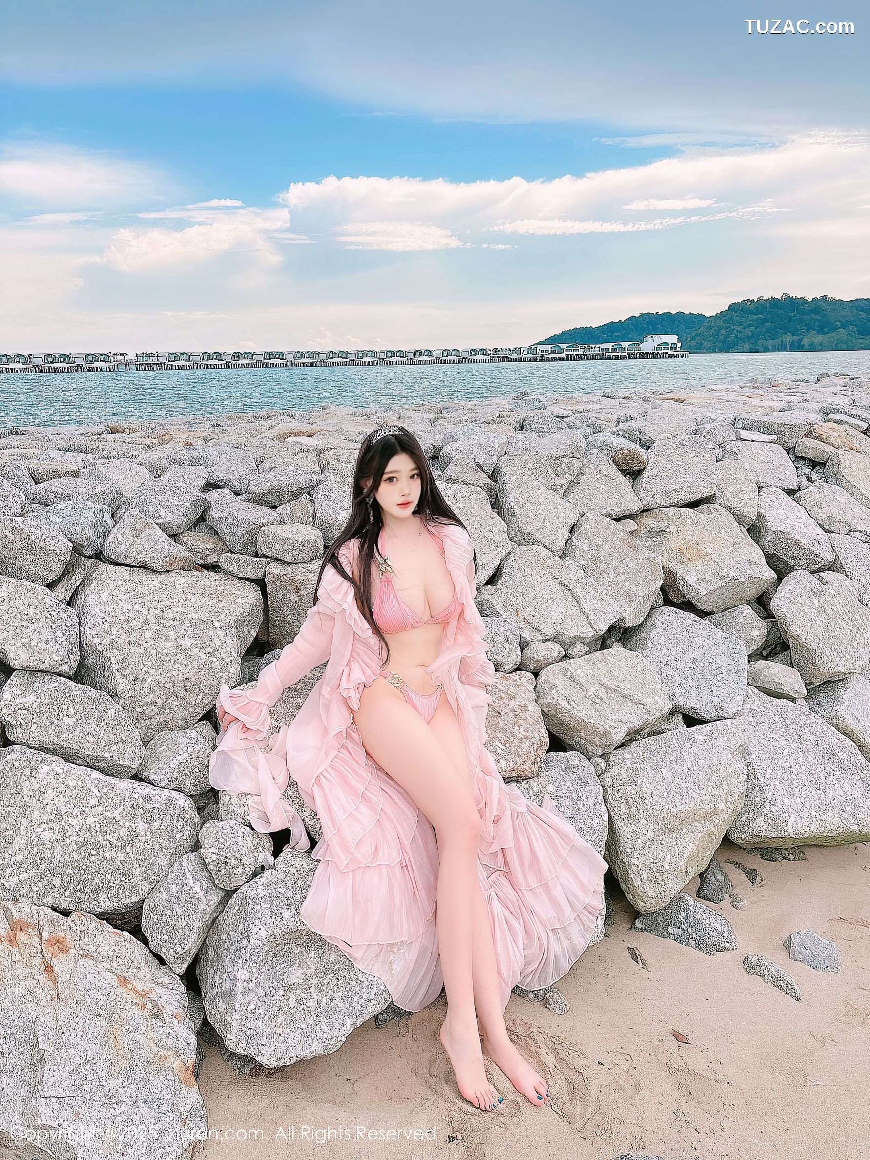 XiuRen秀人网-10160-蛋蛋宝-马来西亚大红花酒店海滩粉纱裙粉色比基尼-2025.04.16