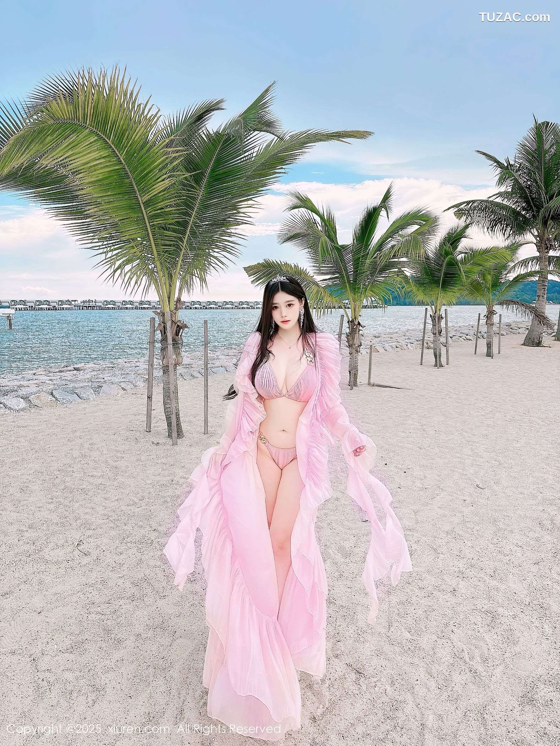 XiuRen秀人网-10160-蛋蛋宝-马来西亚大红花酒店海滩粉纱裙粉色比基尼-2025.04.16