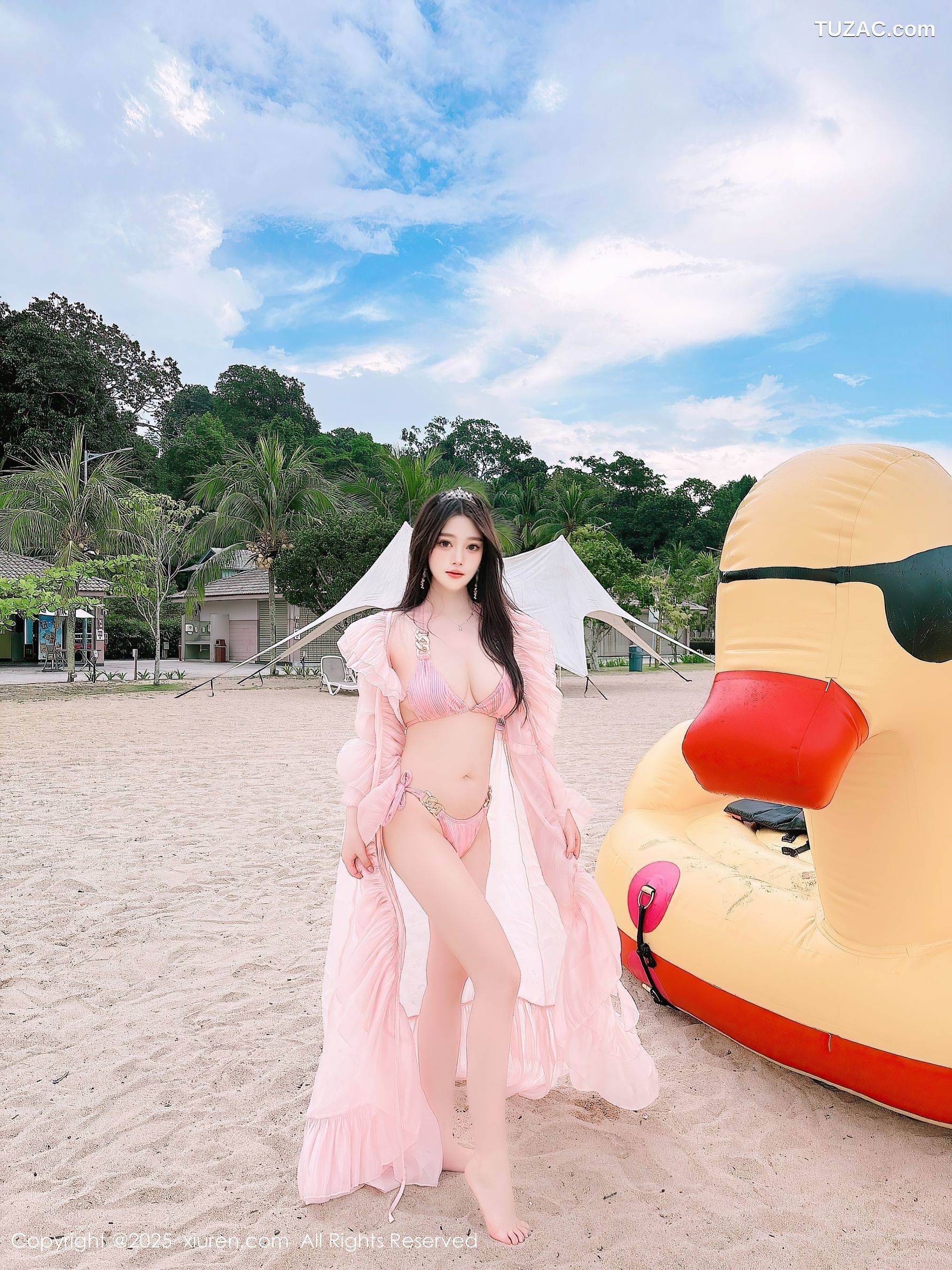 XiuRen秀人网-10160-蛋蛋宝-马来西亚大红花酒店海滩粉纱裙粉色比基尼-2025.04.16