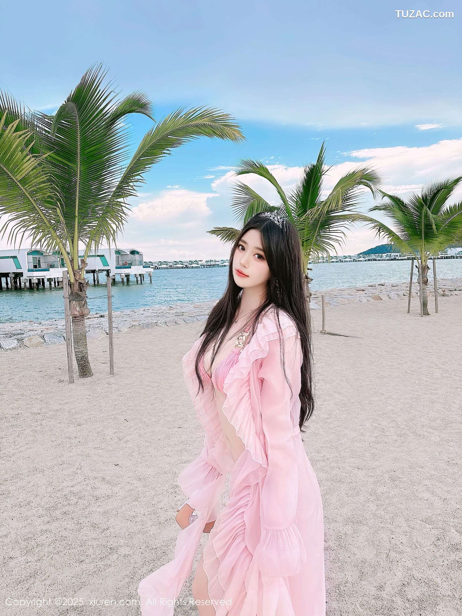 XiuRen秀人网-10160-蛋蛋宝-马来西亚大红花酒店海滩粉纱裙粉色比基尼-2025.04.16
