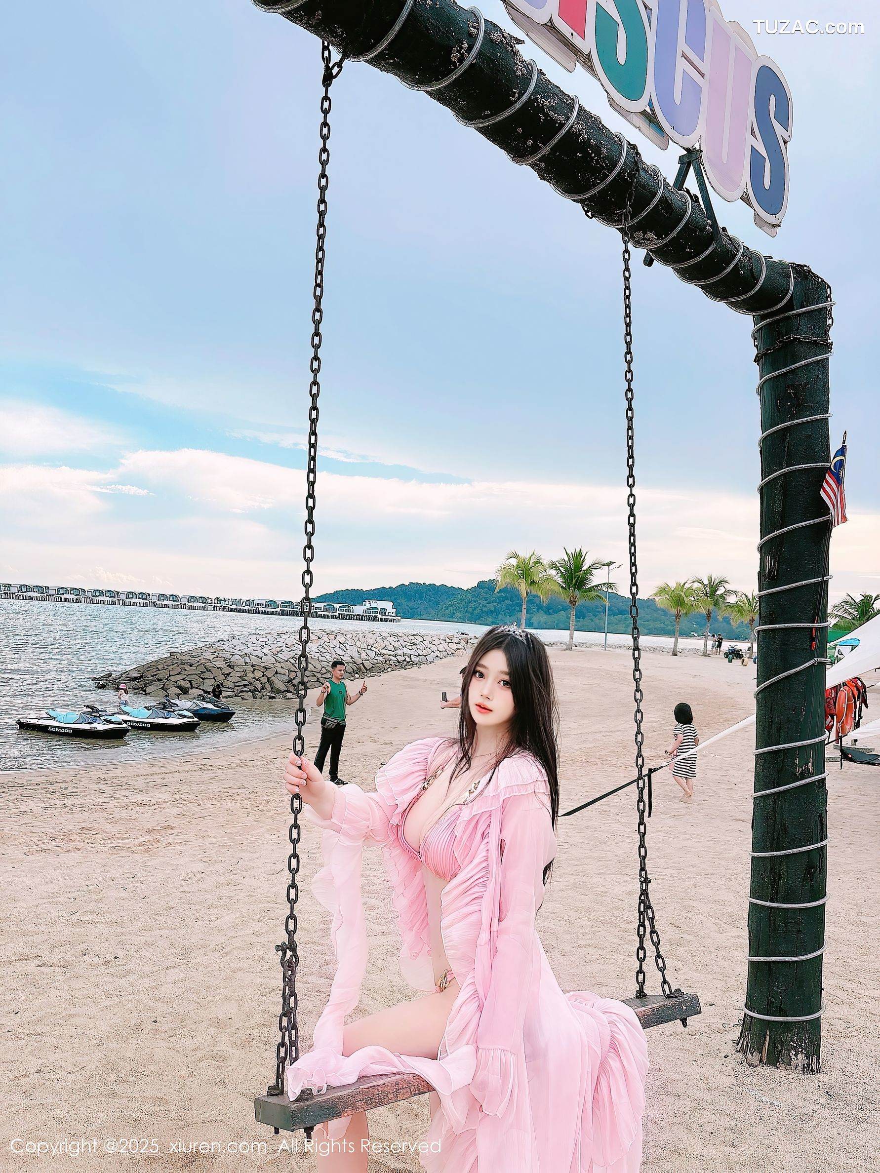 XiuRen秀人网-10160-蛋蛋宝-马来西亚大红花酒店海滩粉纱裙粉色比基尼-2025.04.16