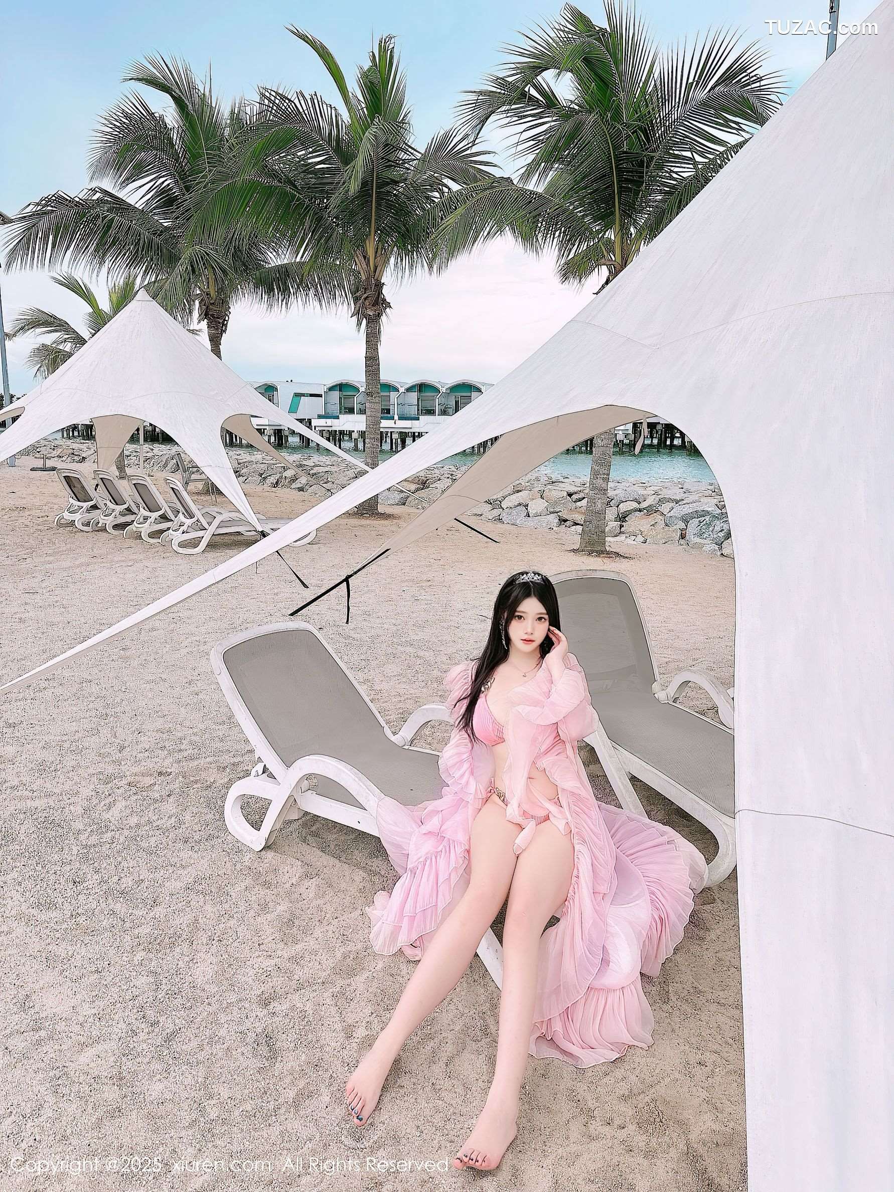 XiuRen秀人网-10160-蛋蛋宝-马来西亚大红花酒店海滩粉纱裙粉色比基尼-2025.04.16