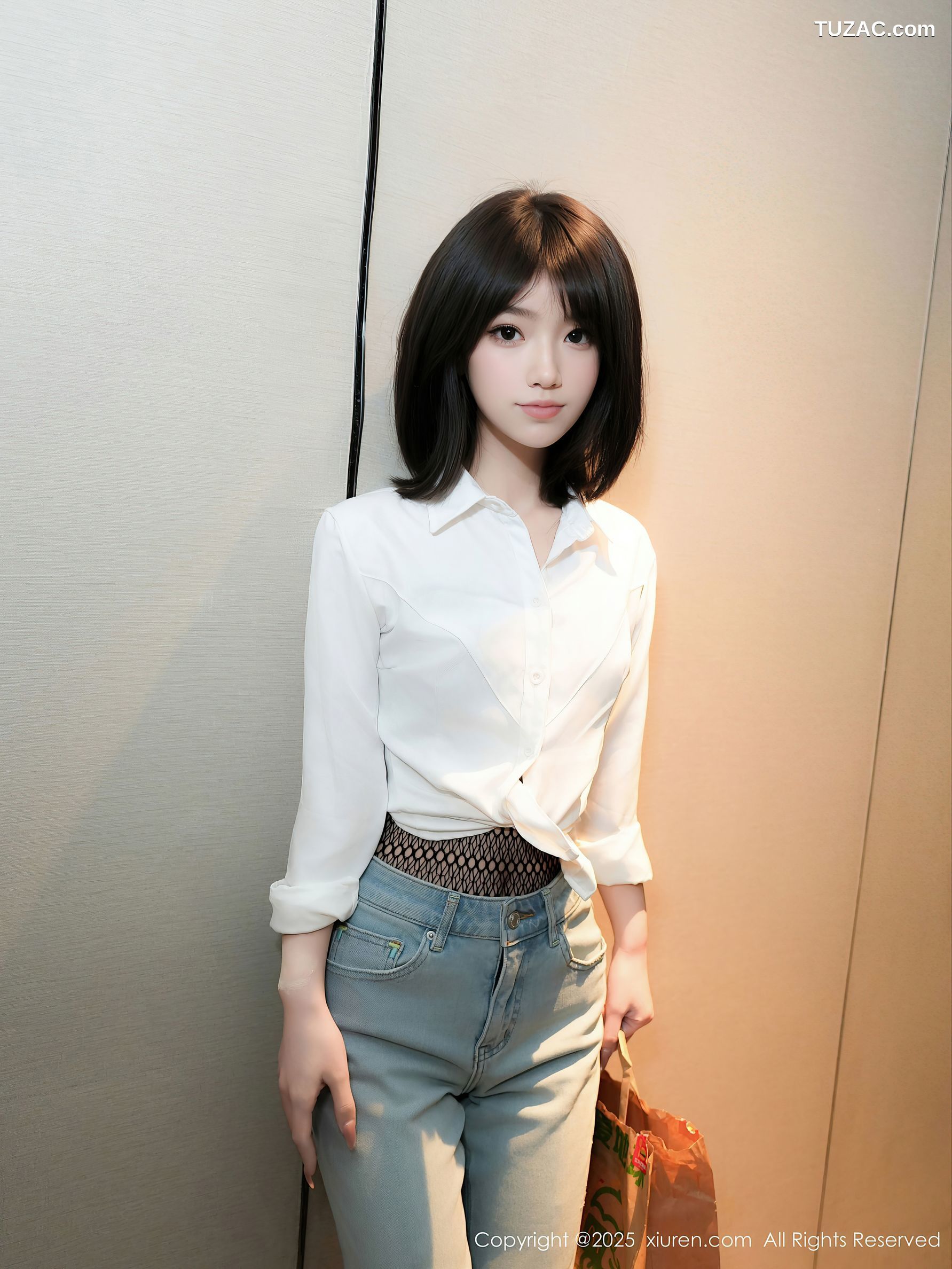 XiuRen秀人网-10235-汁汁-白衬衫牛仔裤情趣黑渔网内衣-2025.05.06