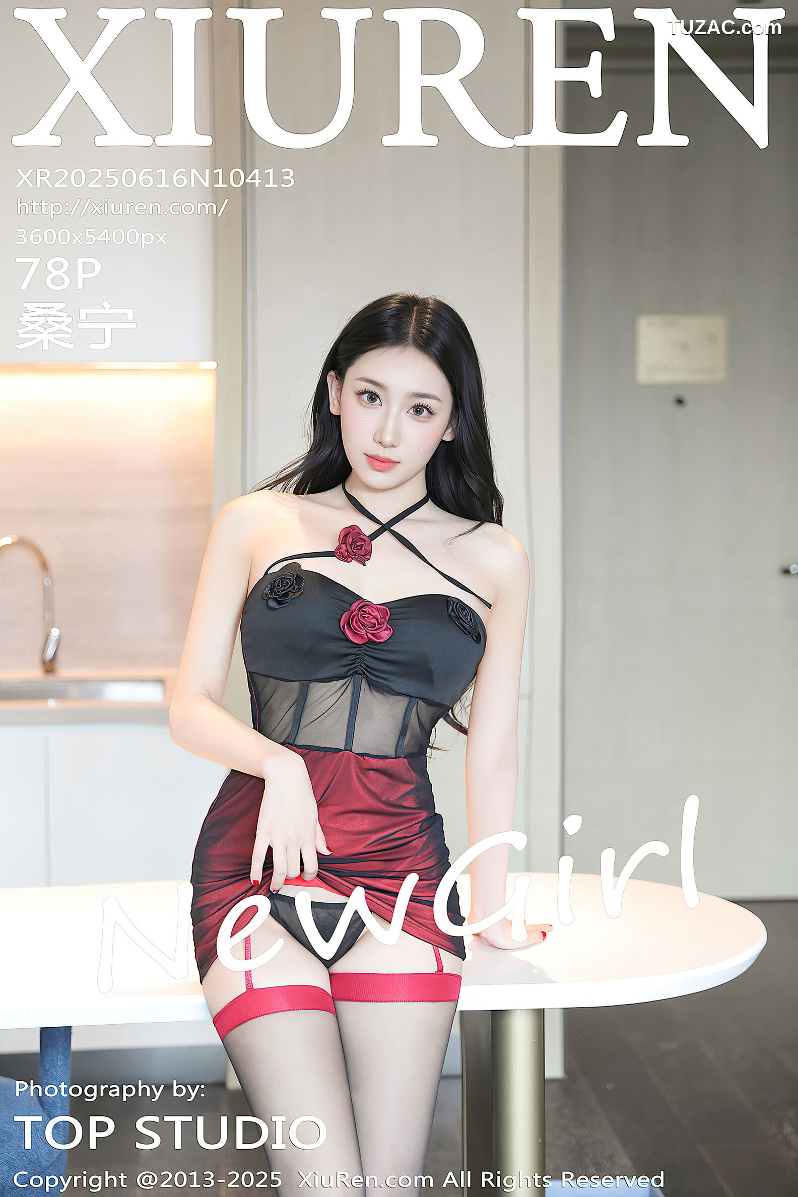 XiuRen秀人网-10413-桑宁-香肩透视黑纱酒红短裙吊带袜黑丝-2025.06.16