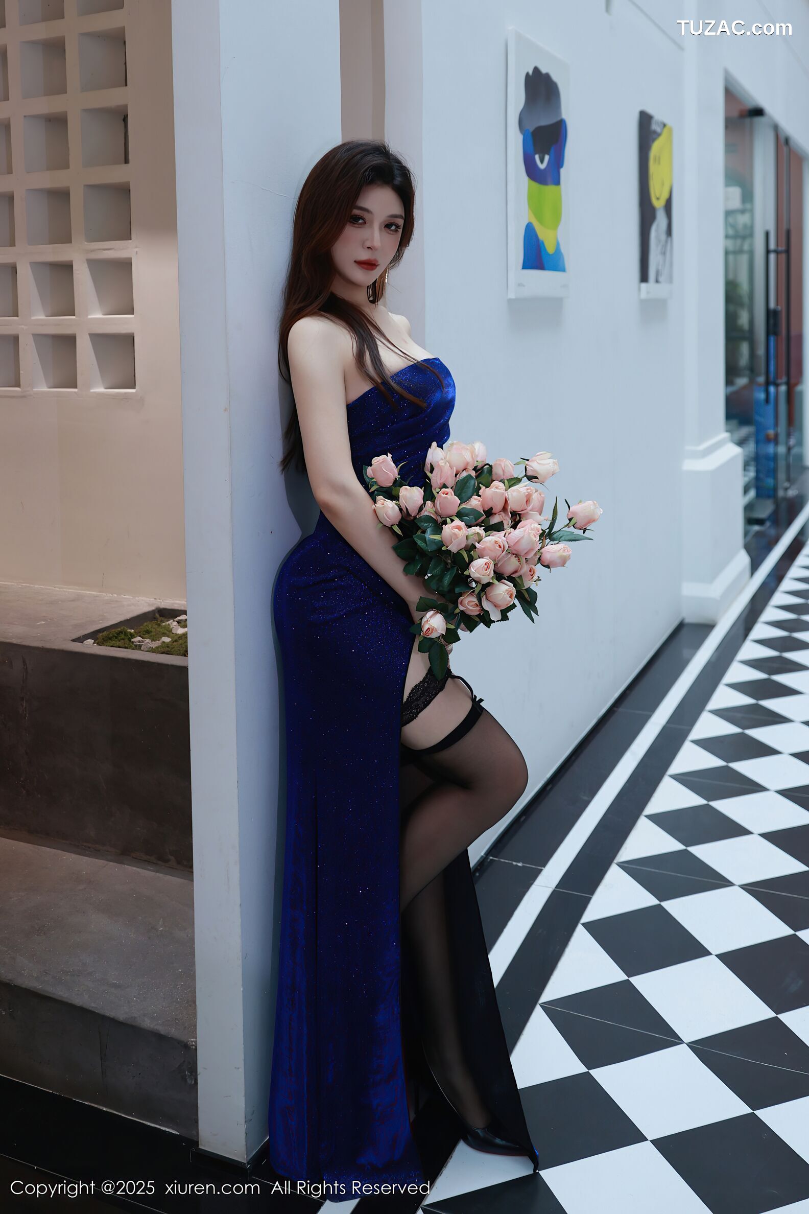 XiuRen秀人网-10740-阿依莎-蓝色抹胸长裙蓝色内衣黑丝-2025.09.08