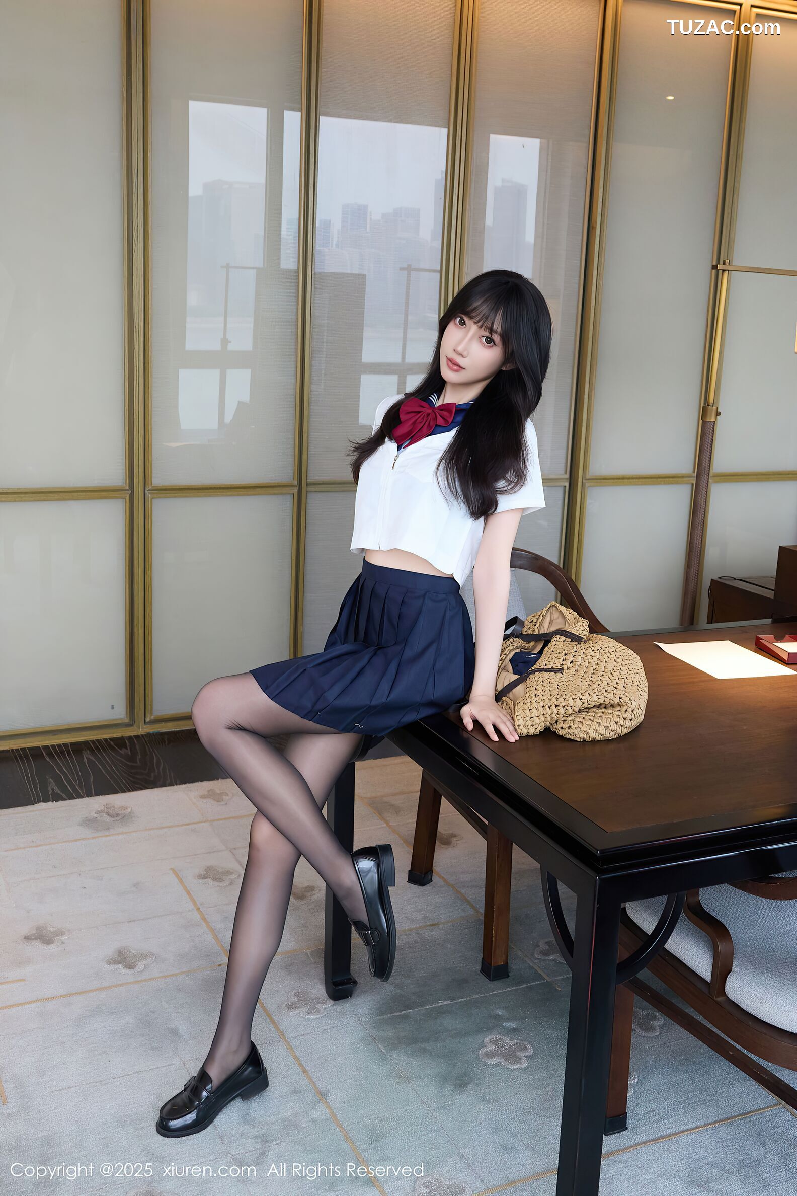 XiuRen秀人网-10766-玥儿玥er-JK制服水手白衬衫深蓝短裙黑色内衣黑丝-2025.09.15