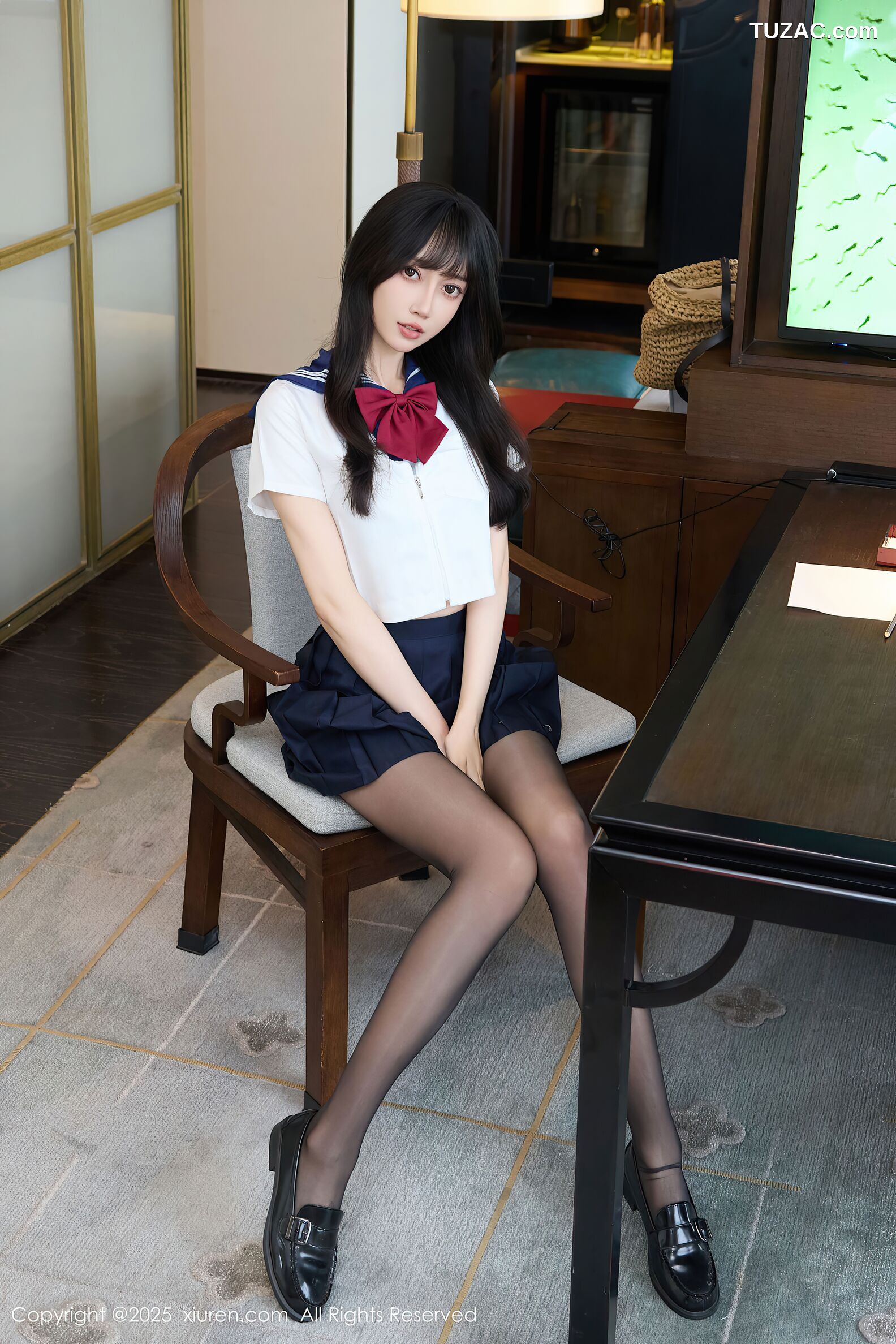 XiuRen秀人网-10766-玥儿玥er-JK制服水手白衬衫深蓝短裙黑色内衣黑丝-2025.09.15
