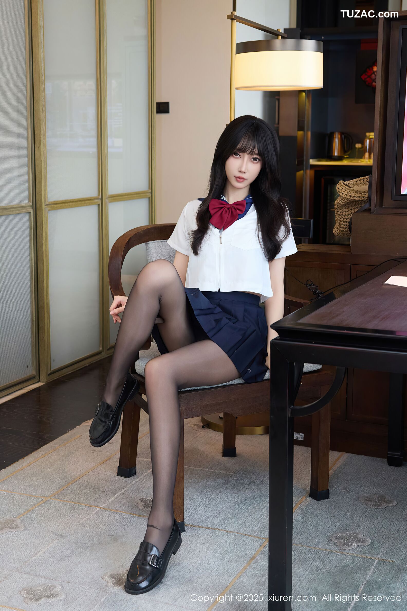 XiuRen秀人网-10766-玥儿玥er-JK制服水手白衬衫深蓝短裙黑色内衣黑丝-2025.09.15