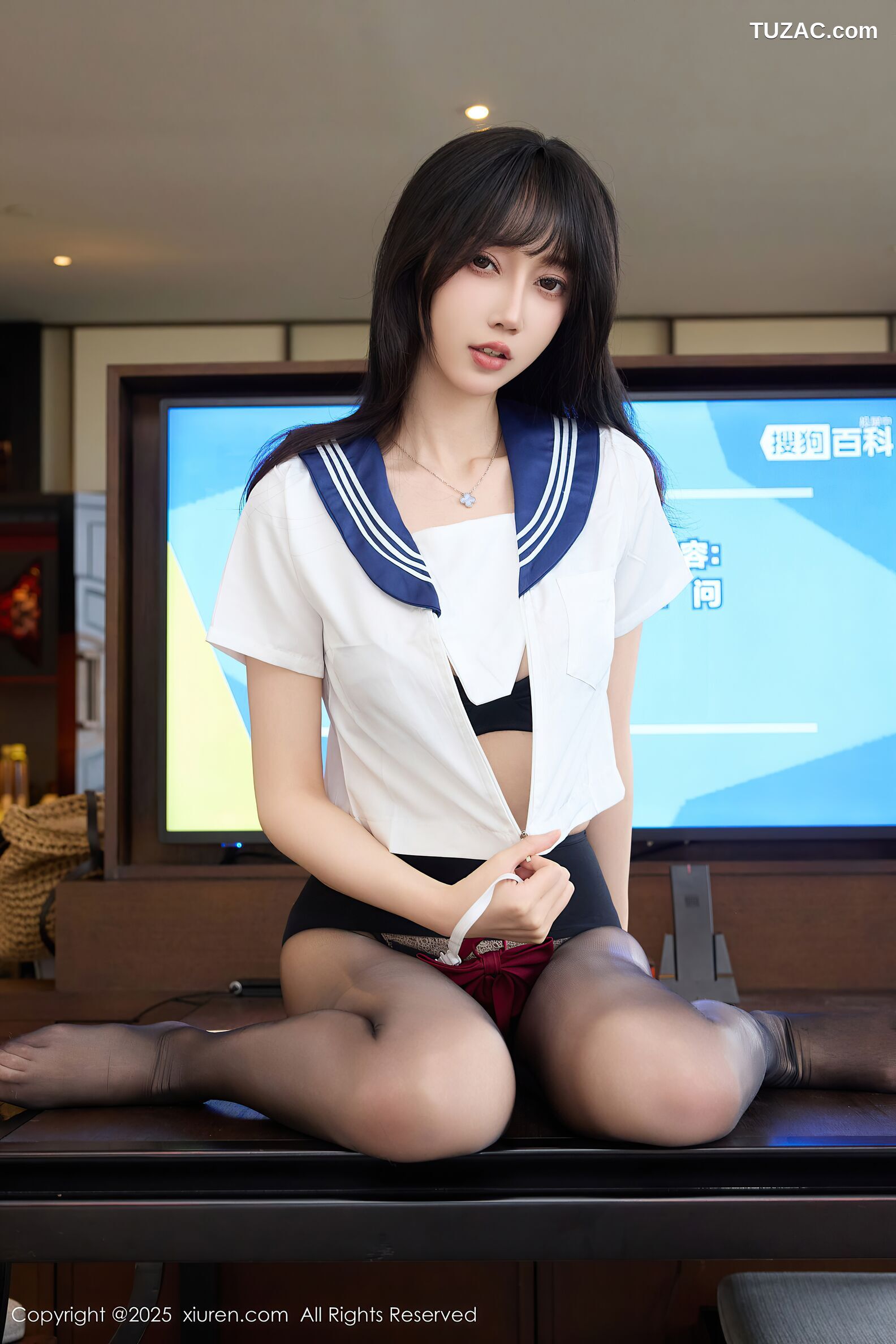 XiuRen秀人网-10766-玥儿玥er-JK制服水手白衬衫深蓝短裙黑色内衣黑丝-2025.09.15