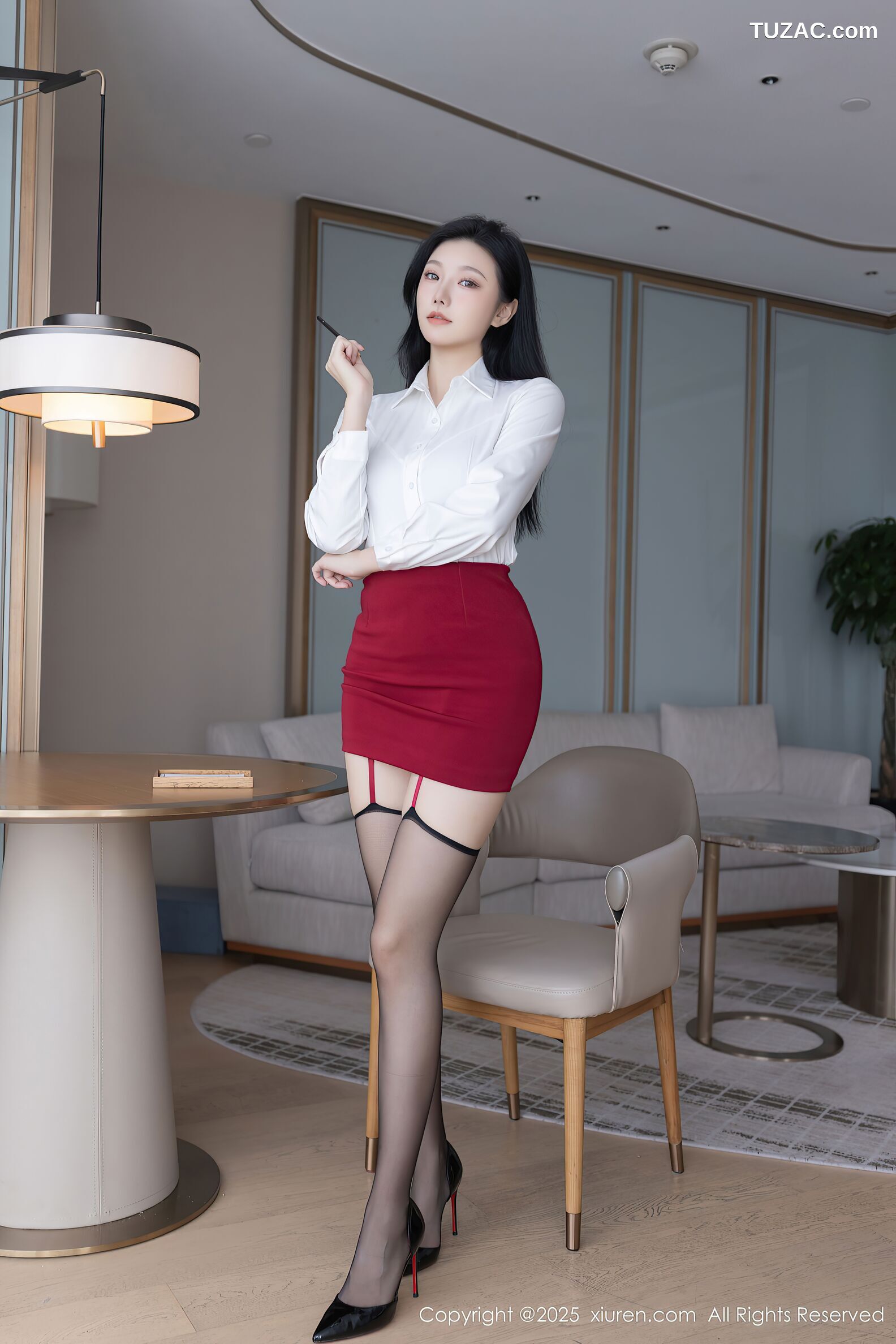 XiuRen秀人网-10797-安然anran-OL白衬衫红短裙红色内衣黑丝-2025.09.23