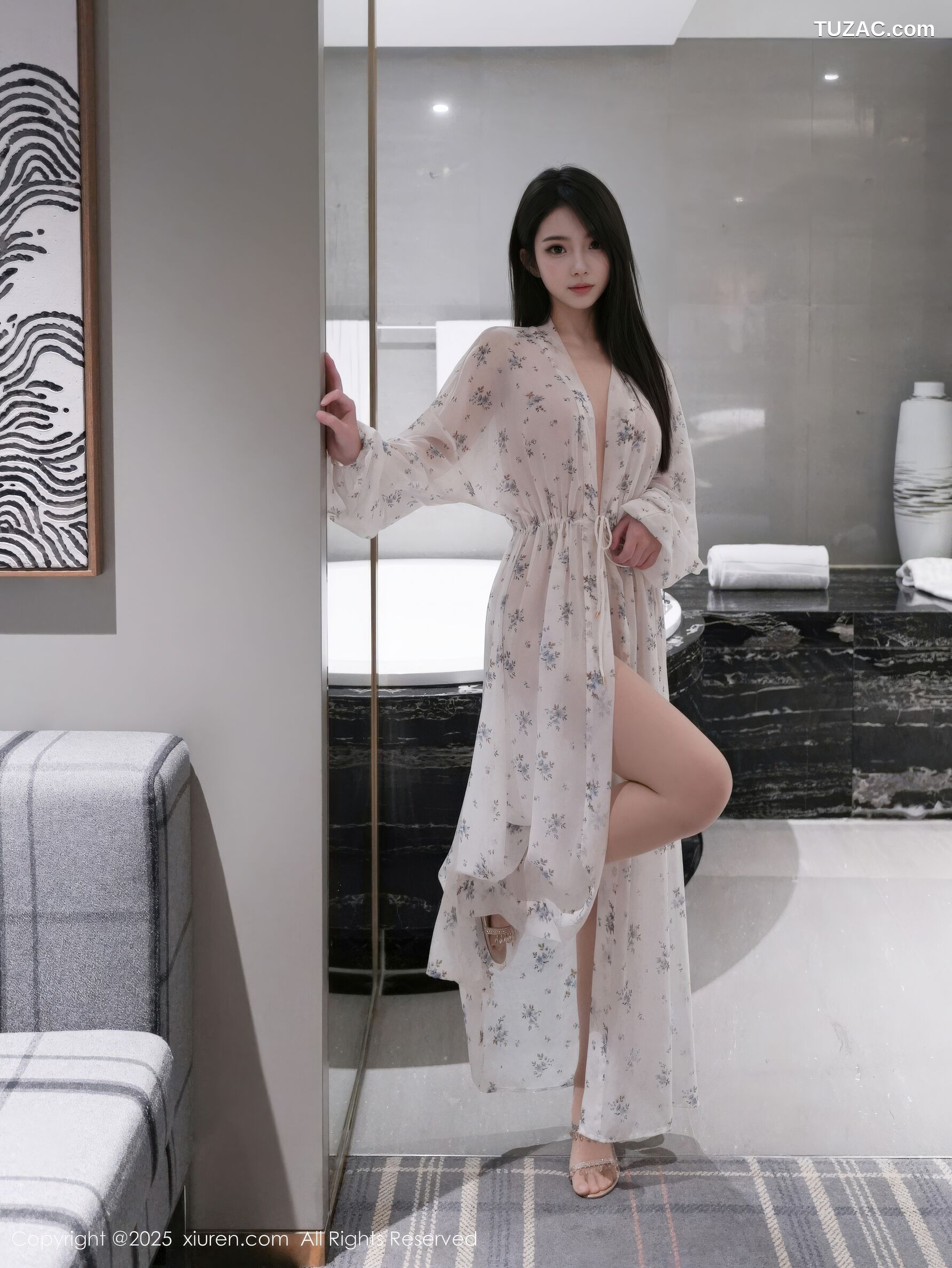 XiuRen秀人网-10988-烧烧小桃-抹胸蓝色连衣裙-轻透白纱睡袍-2025.11.14