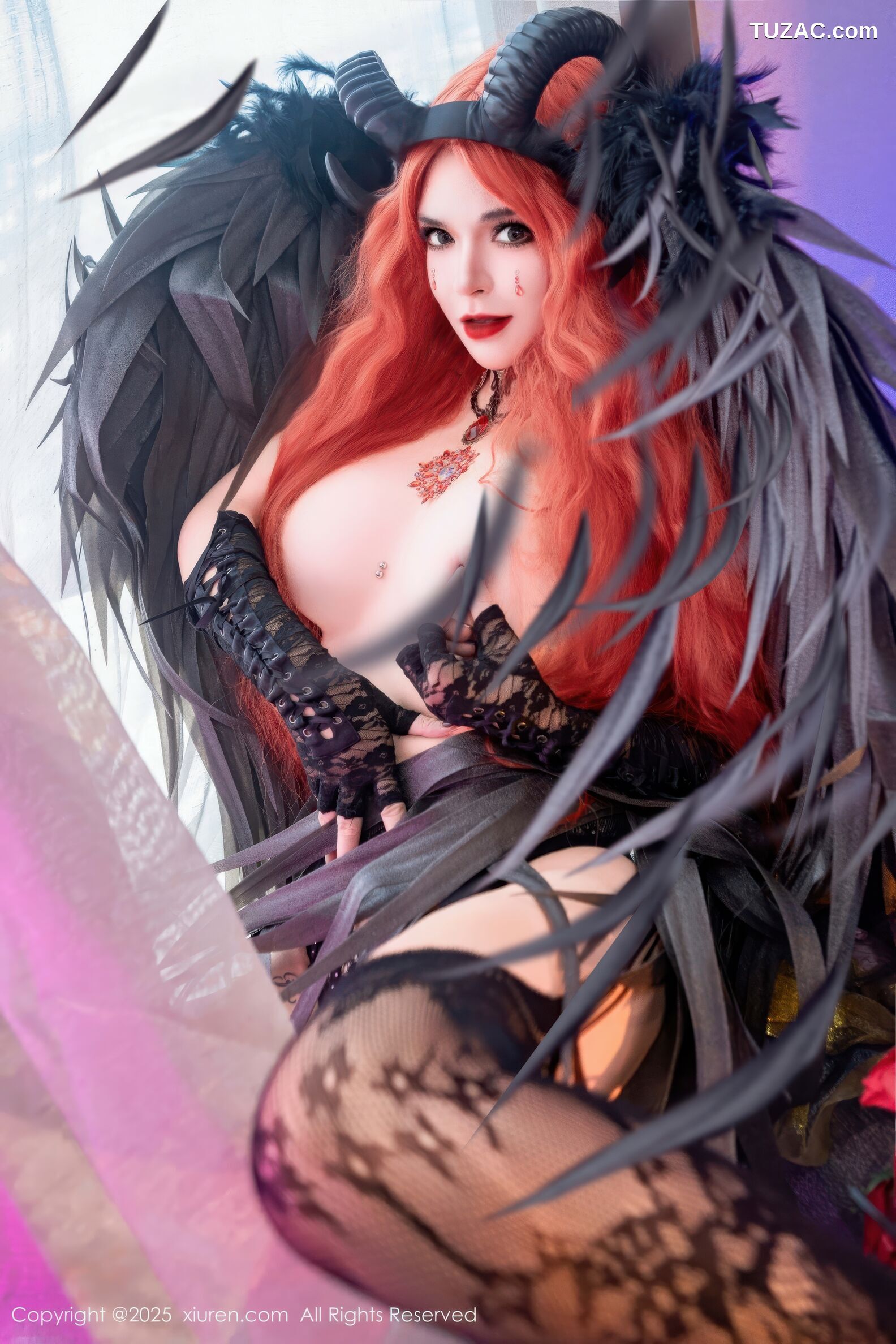 XiuRen秀人网-10994-伊丽莎有点白-的哥特系小恶魔cos红发黑羽翅黑蕾丝内衣黑丝-2025.11.17