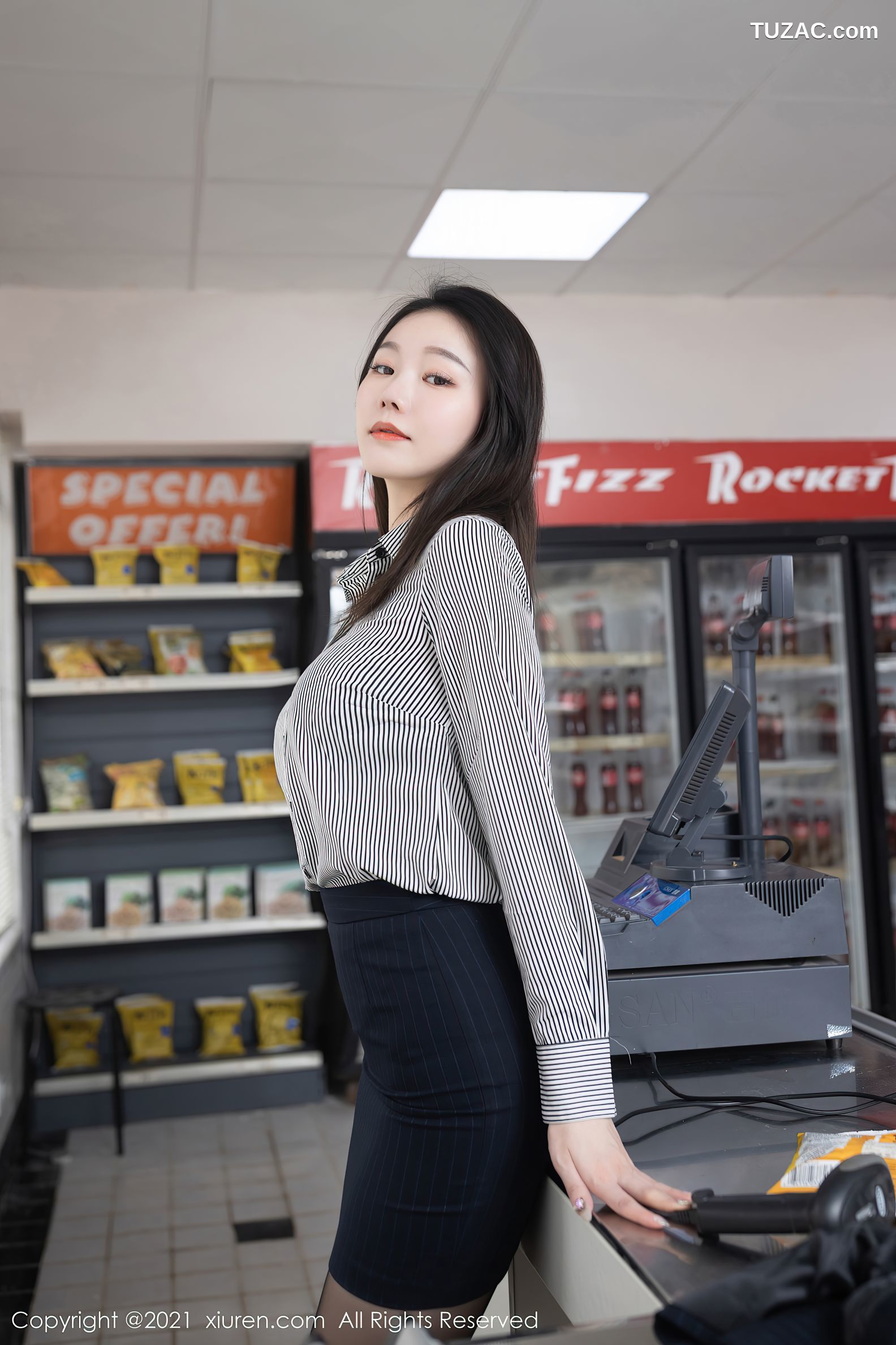 XiuRen秀人网-3123-安然Maleah-便利店职员主题条纹衬衫蕾丝内衣-2021.02.22