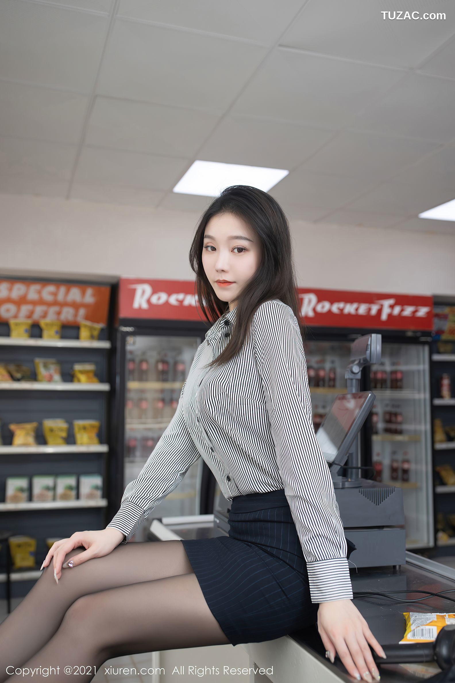XiuRen秀人网-3123-安然Maleah-便利店职员主题条纹衬衫蕾丝内衣-2021.02.22