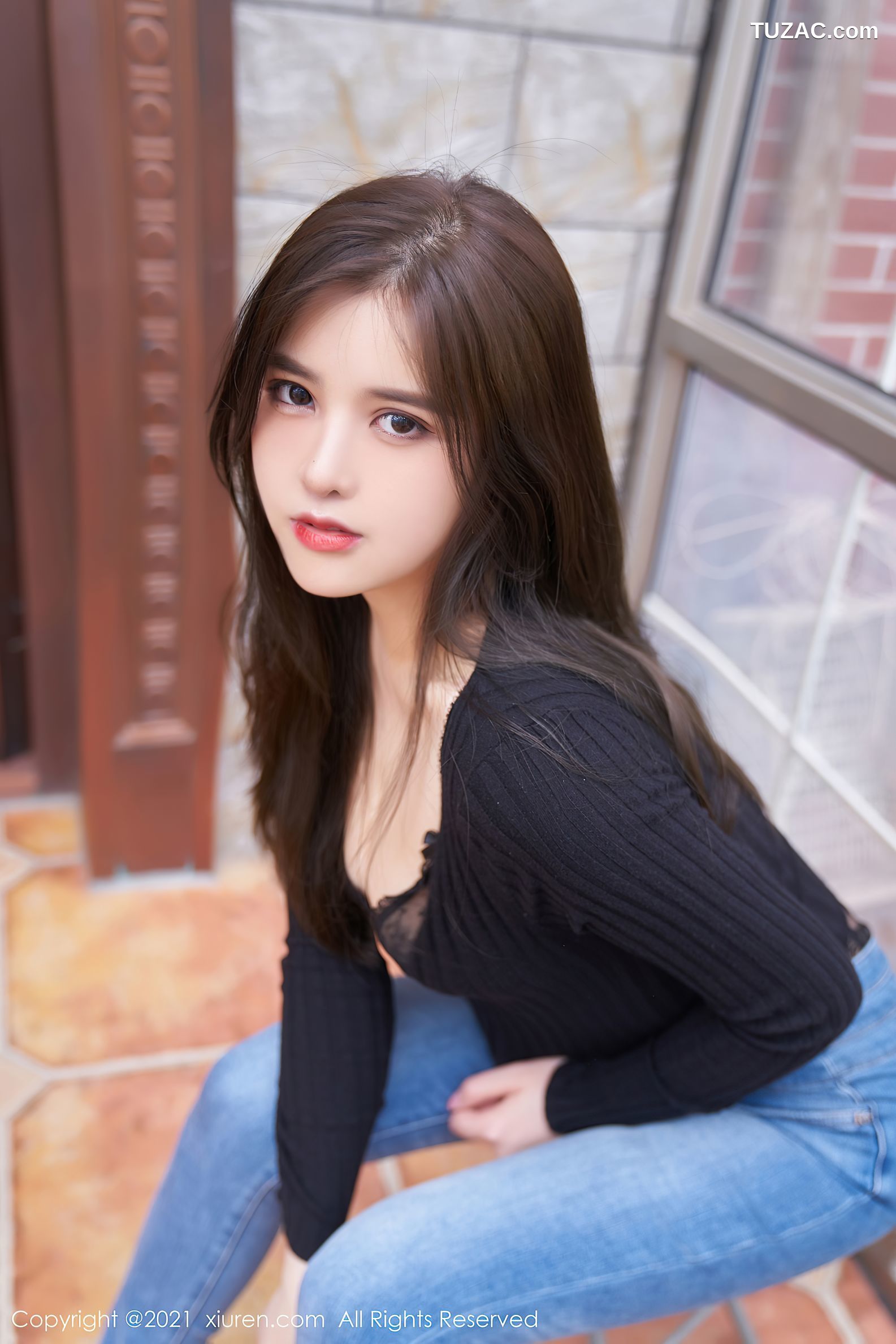 XiuRen秀人网-3459-韩静安-牛仔裤黑色蕾丝内衣蕾丝吊带袜-2021.05.25