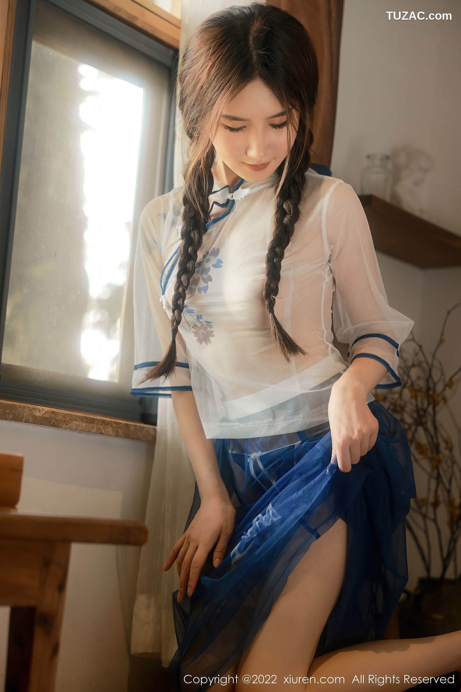 XiuRen-No.5287-古月小同学-古风白纱衫蓝纱裙真空