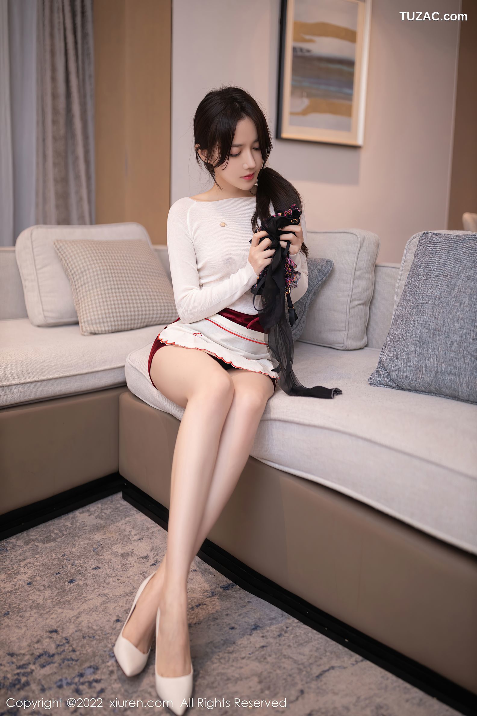 XiuRen-No.5913-鱼子酱-白色轻透上衣性感红短裙蕾丝内衣