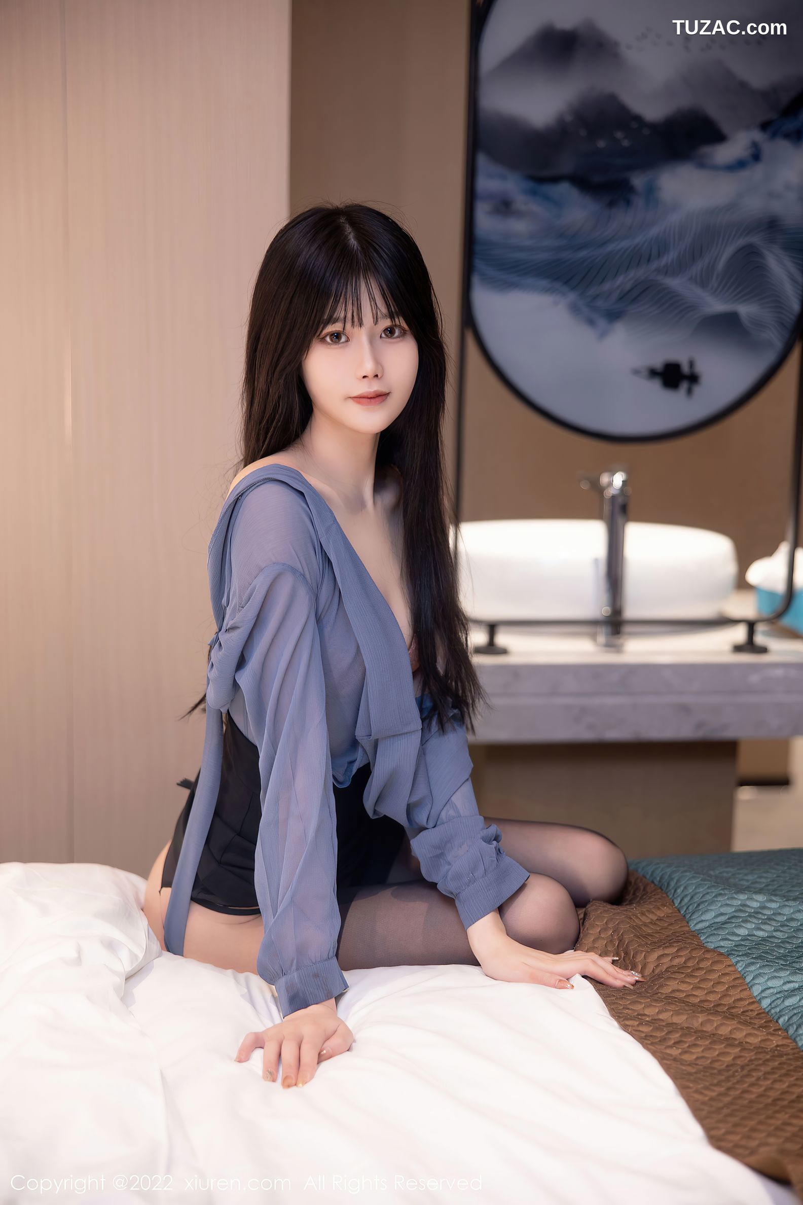 XiuRen-No.5964-77qiqi-私房性感淡红色蕾丝内衣超薄黑丝