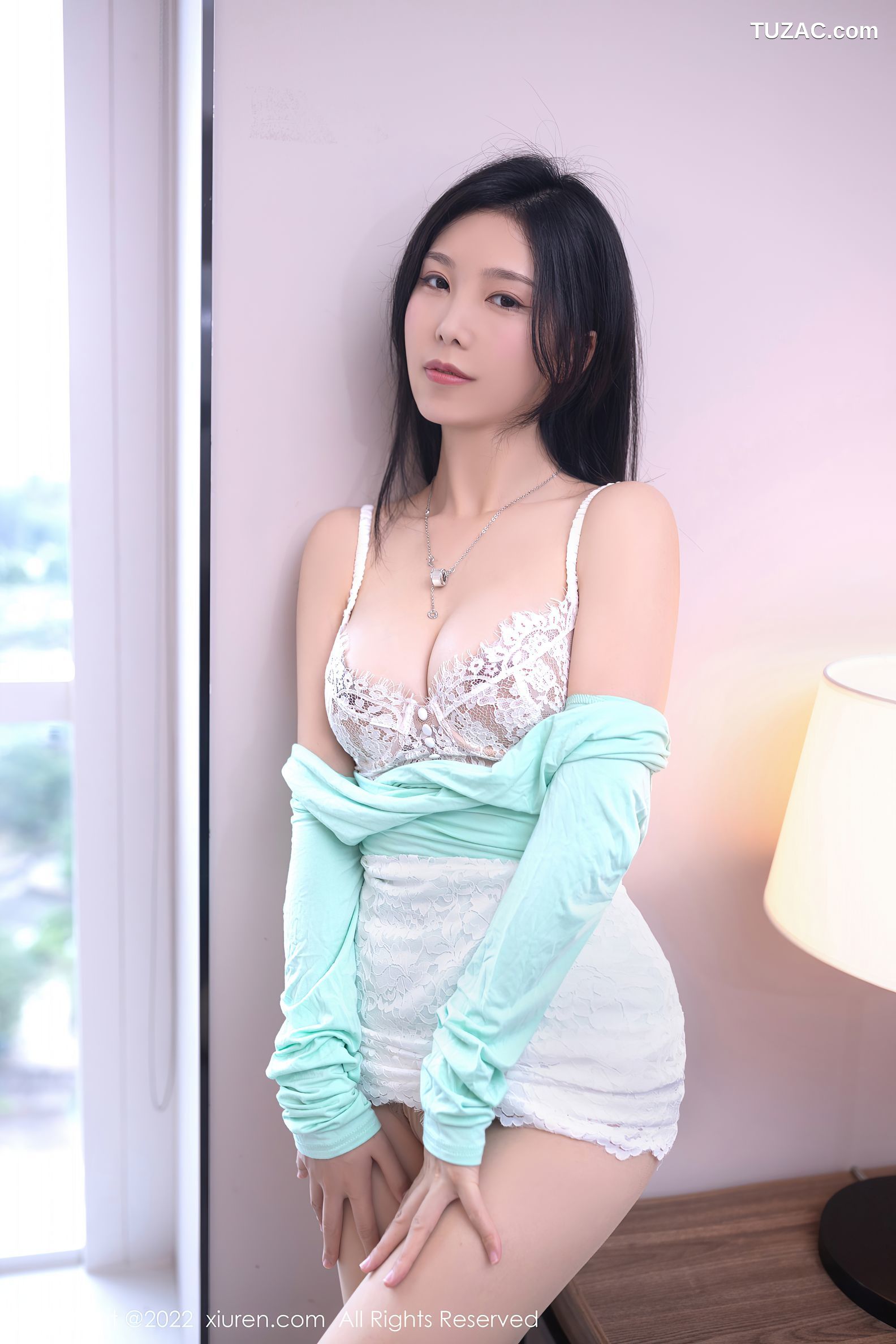 XiuRen秀人网-6026-利世-淡蓝色上衣白短裙白色蕾丝内衣