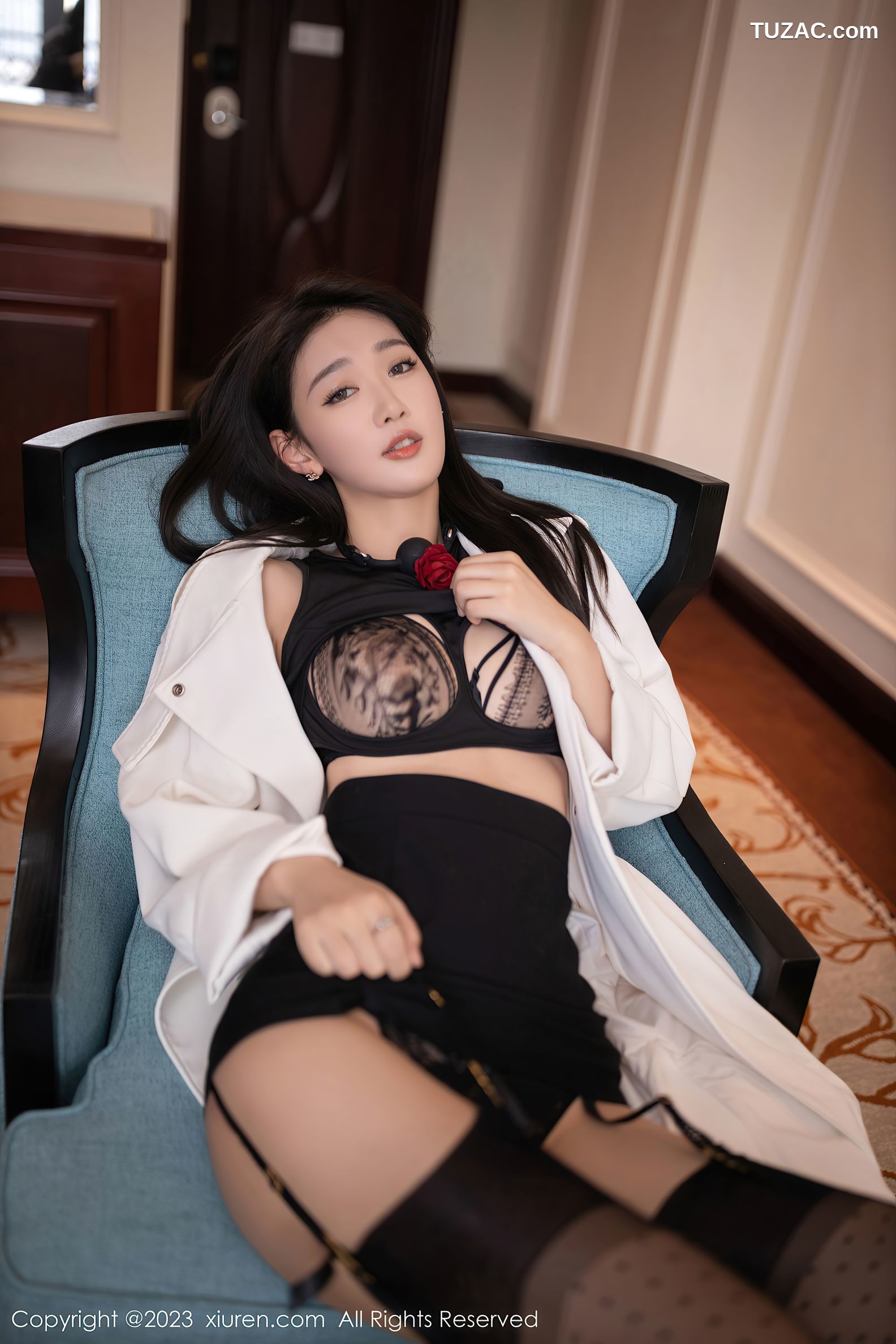 XiuRen秀人网-6079-唐安琪-白色外衣黑蕾丝内衣黑丝