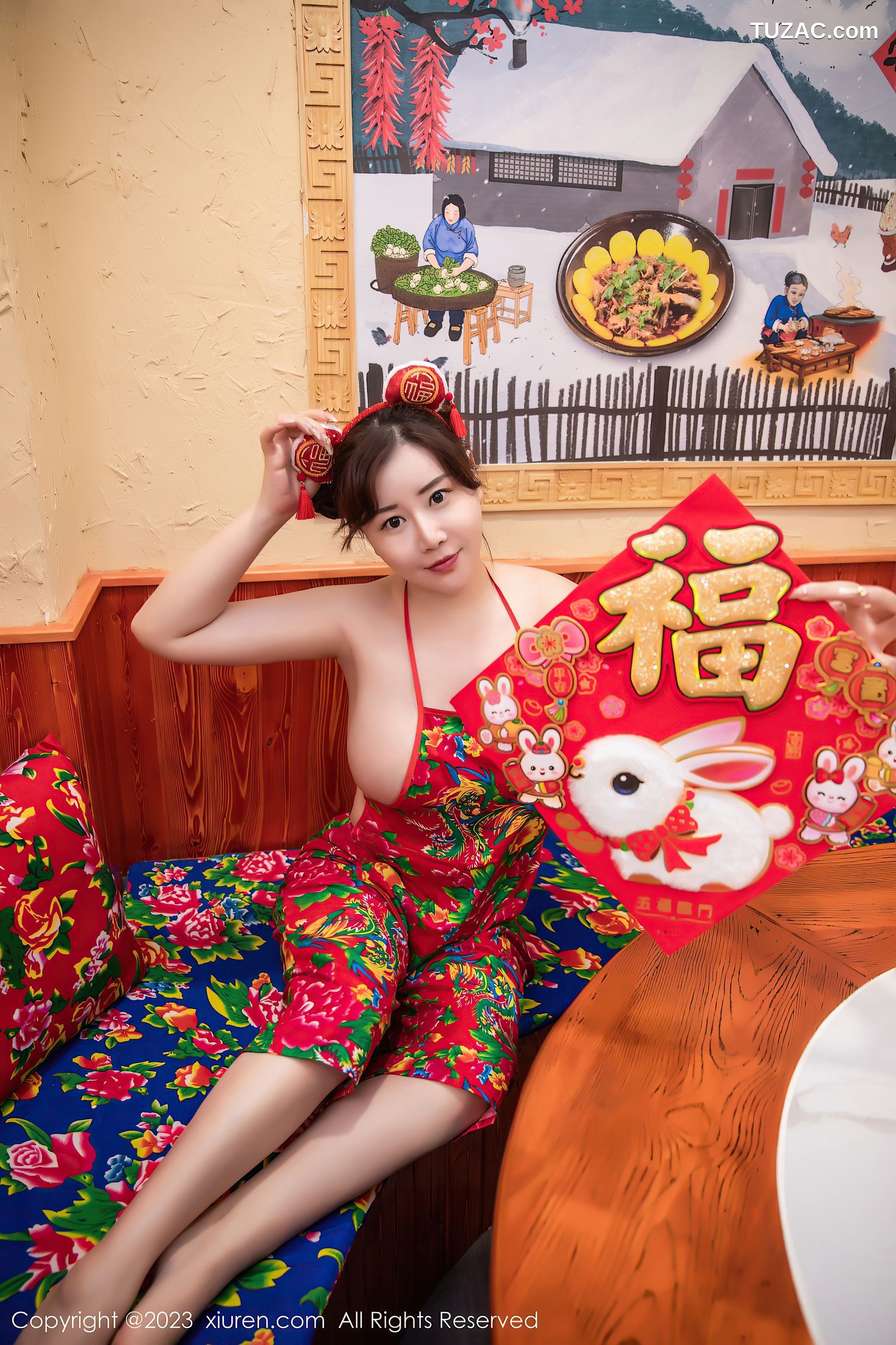 XiuRen秀人网-6121-王婉悠-餐桌场景东北大花布布兜
