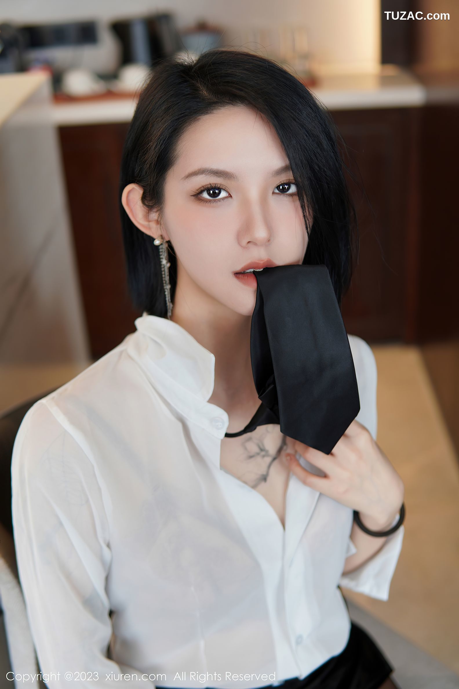 XiuRen秀人网-6158-特乔-白T黑皮短裙蕾丝内衣黑丝吊带袜