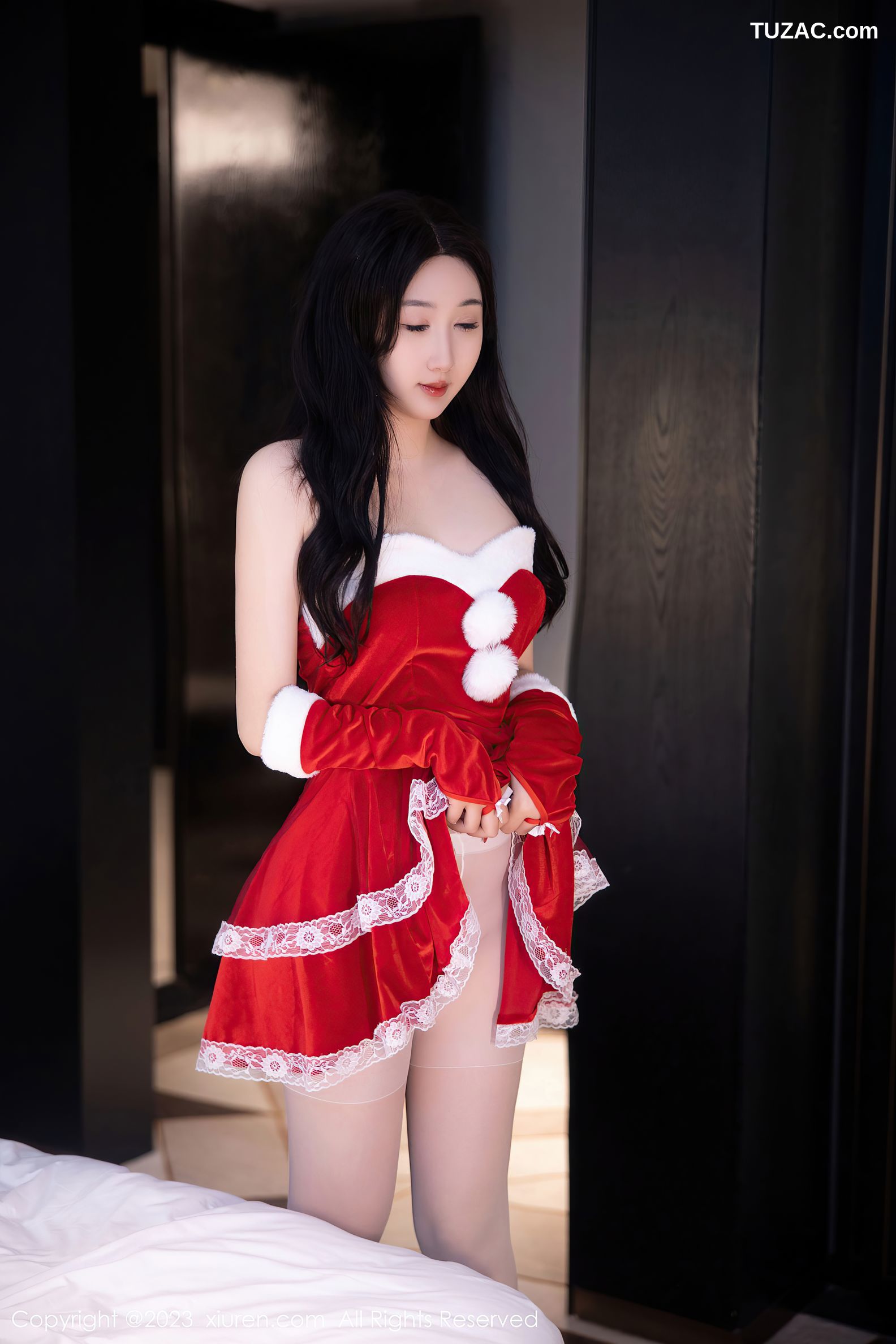 XiuRen秀人网-6163-江真真-红色贺新年服饰白色蕾丝