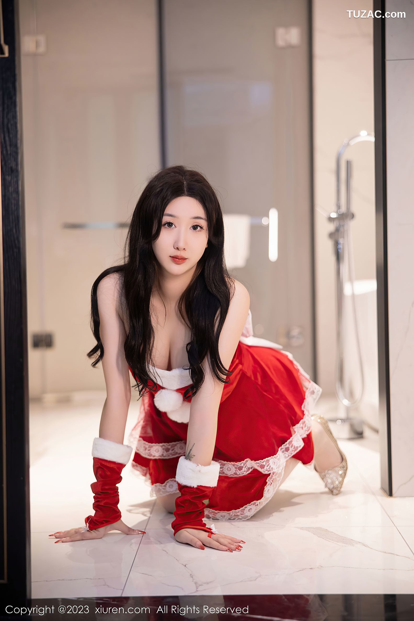 XiuRen秀人网-6163-江真真-红色贺新年服饰白色蕾丝