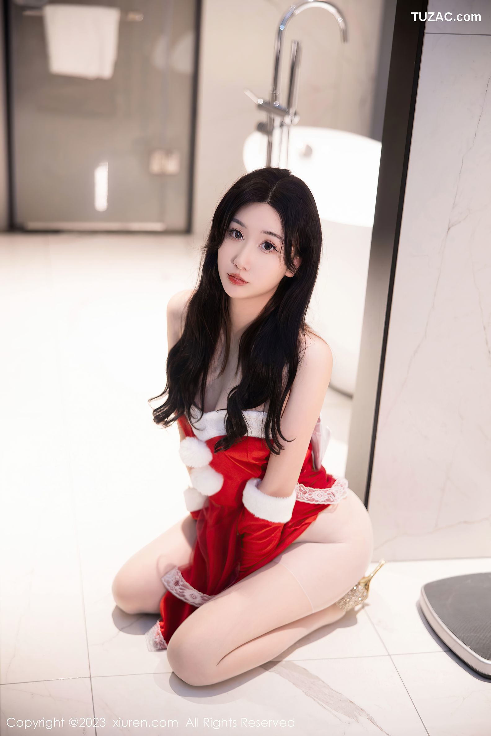 XiuRen秀人网-6163-江真真-红色贺新年服饰白色蕾丝