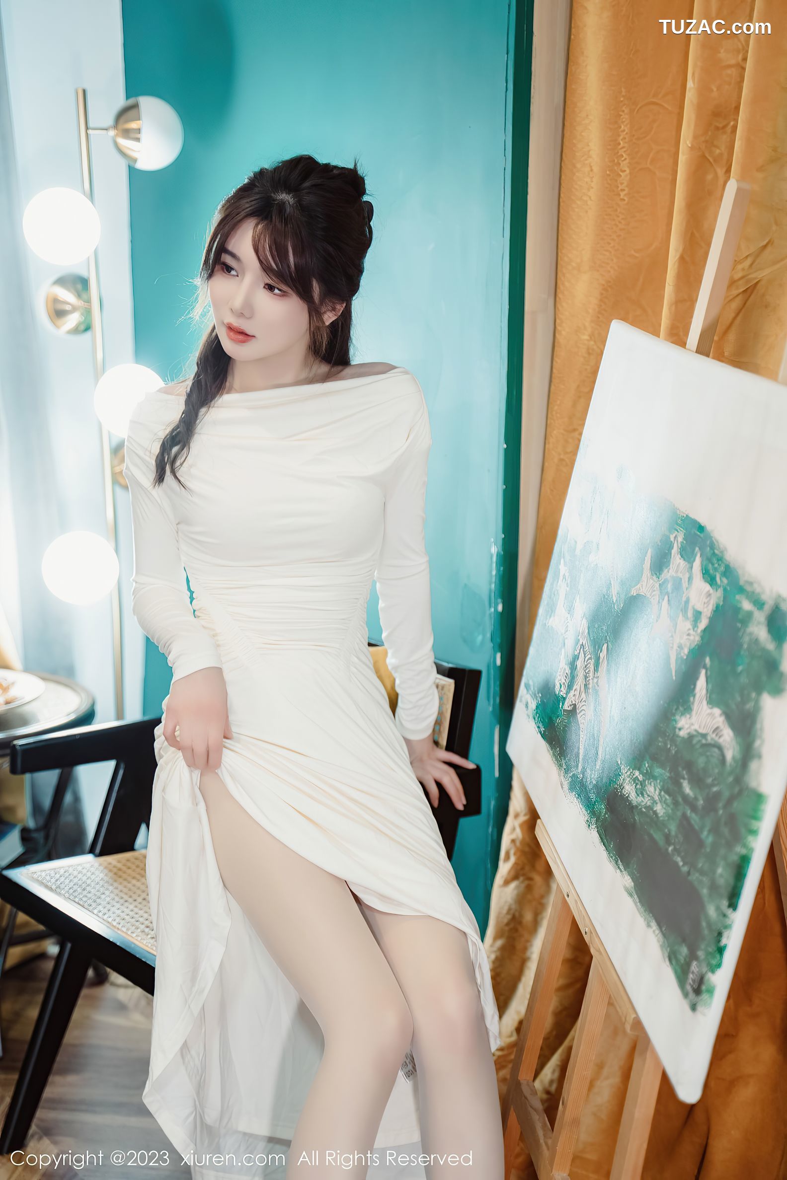 XiuRen秀人网-6182-婠婠么-白色连衣长裙蕾丝内衣白丝