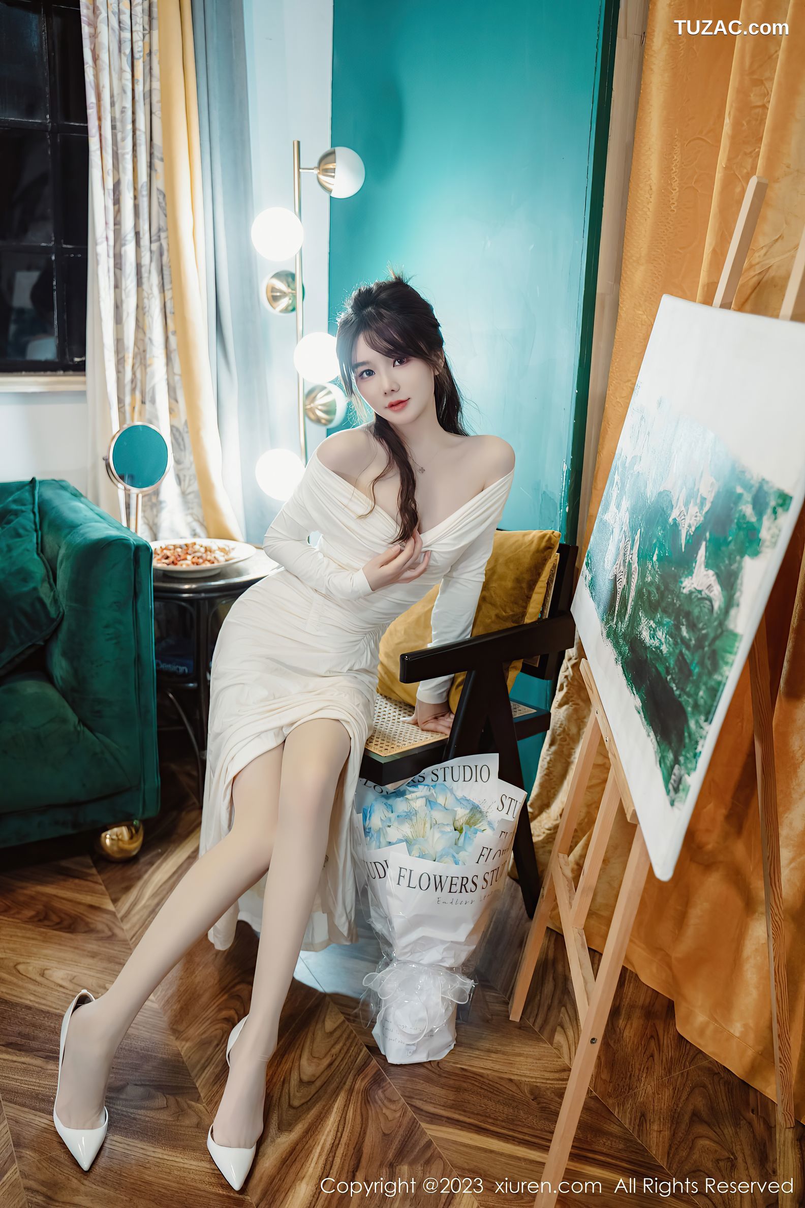 XiuRen秀人网-6182-婠婠么-白色连衣长裙蕾丝内衣白丝