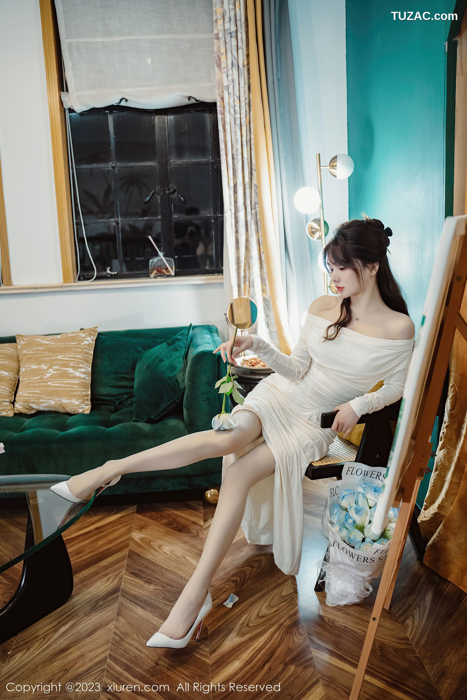 XiuRen秀人网-6182-婠婠么-白色连衣长裙蕾丝内衣白丝