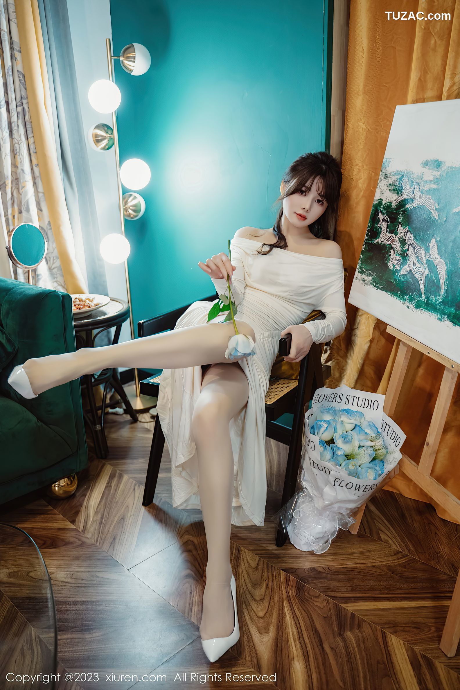 XiuRen秀人网-6182-婠婠么-白色连衣长裙蕾丝内衣白丝