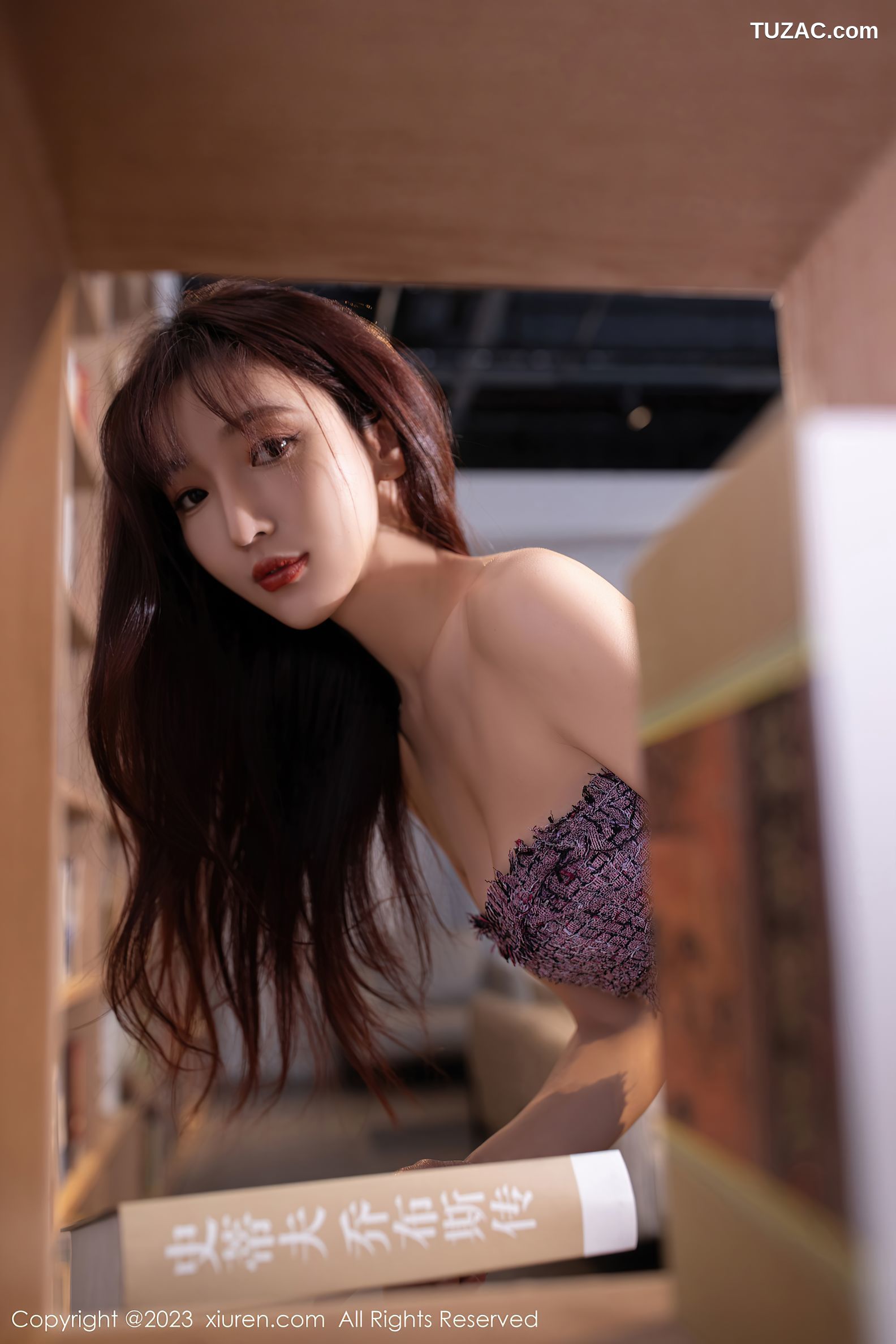 XiuRen秀人网-6209-陆萱萱-图书馆场景紫色抹胸连衣短裙超薄肉丝