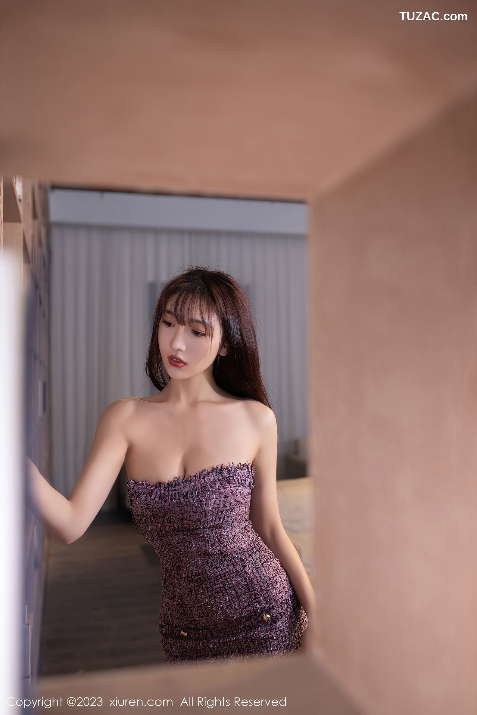 XiuRen秀人网-6209-陆萱萱-图书馆场景紫色抹胸连衣短裙超薄肉丝