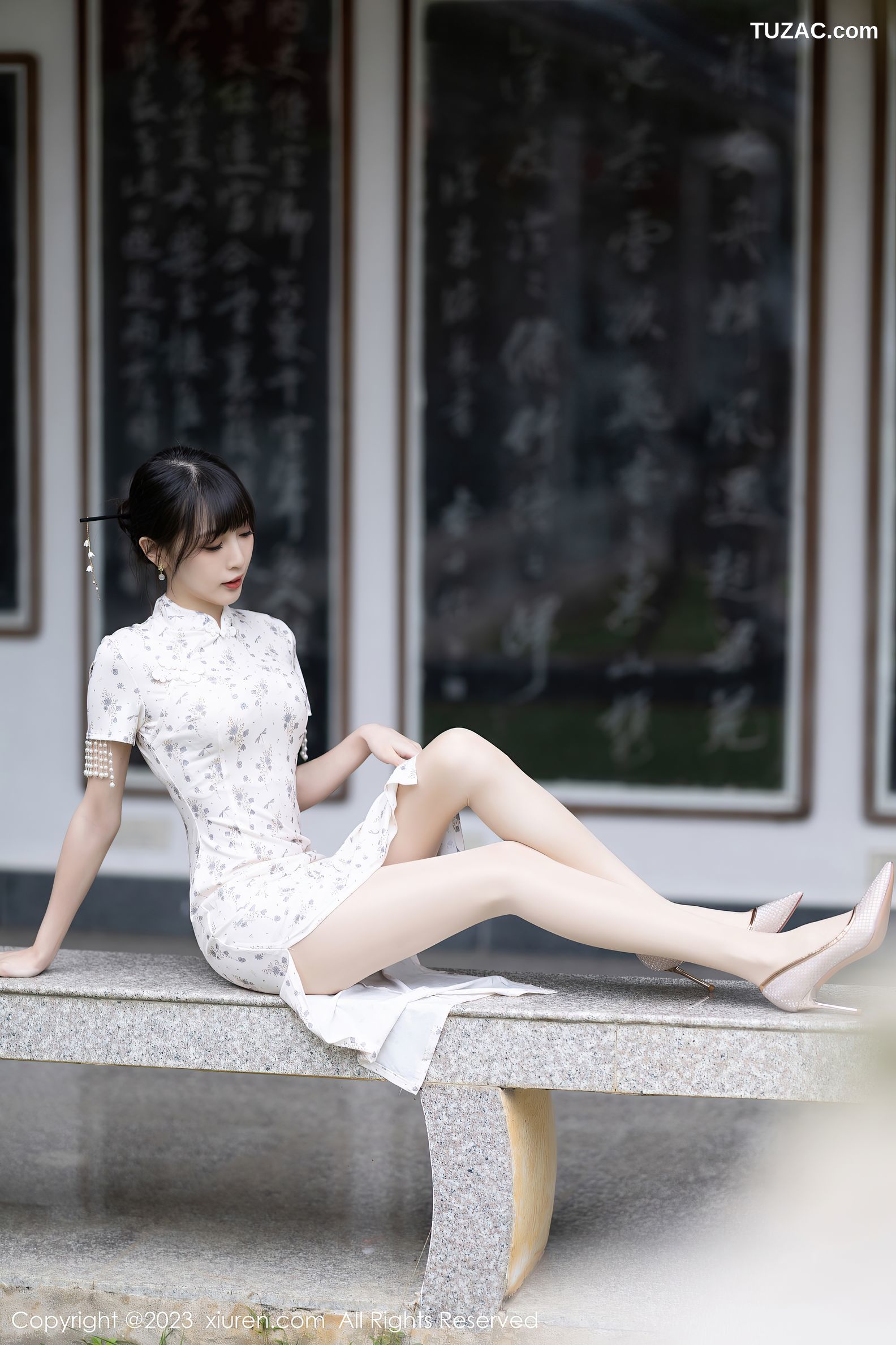 XiuRen秀人网-6346-林星阑-海南旅拍浅色短款旗袍浅粉色蕾丝内衣-2023.03.01