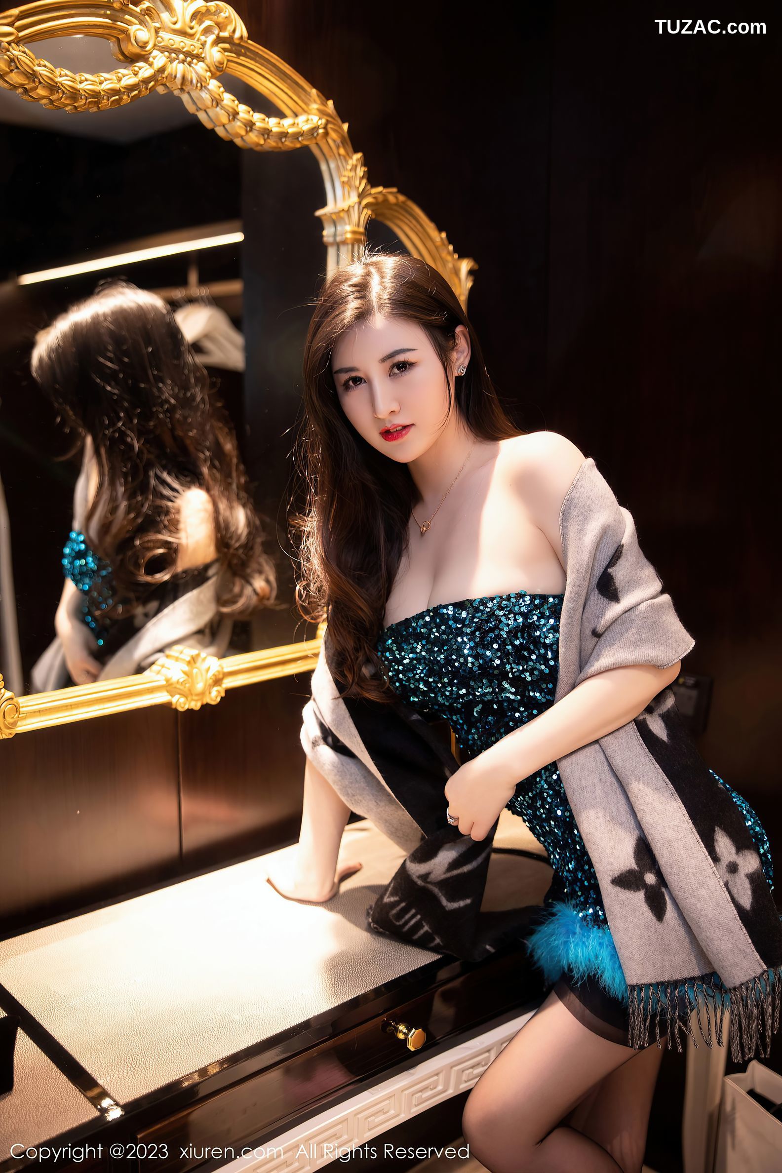 XiuRen秀人网-6384-诗诗kiki-蓝黑肩连衣短裙黑色蕾丝内衣-2023.03.08