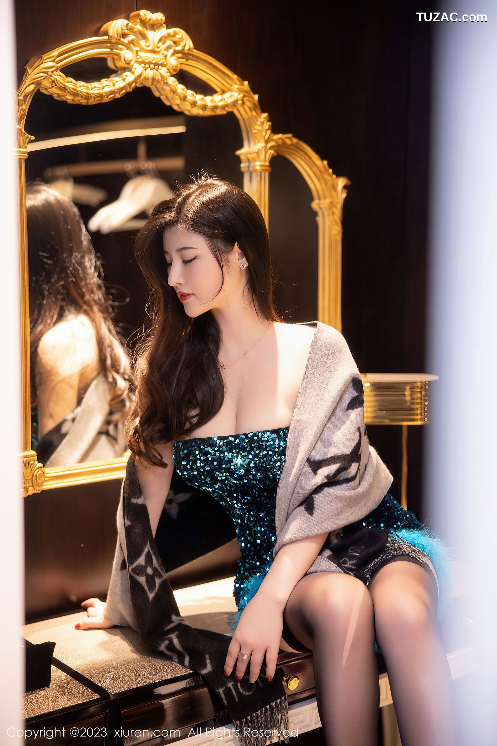 XiuRen秀人网-6384-诗诗kiki-蓝黑肩连衣短裙黑色蕾丝内衣-2023.03.08