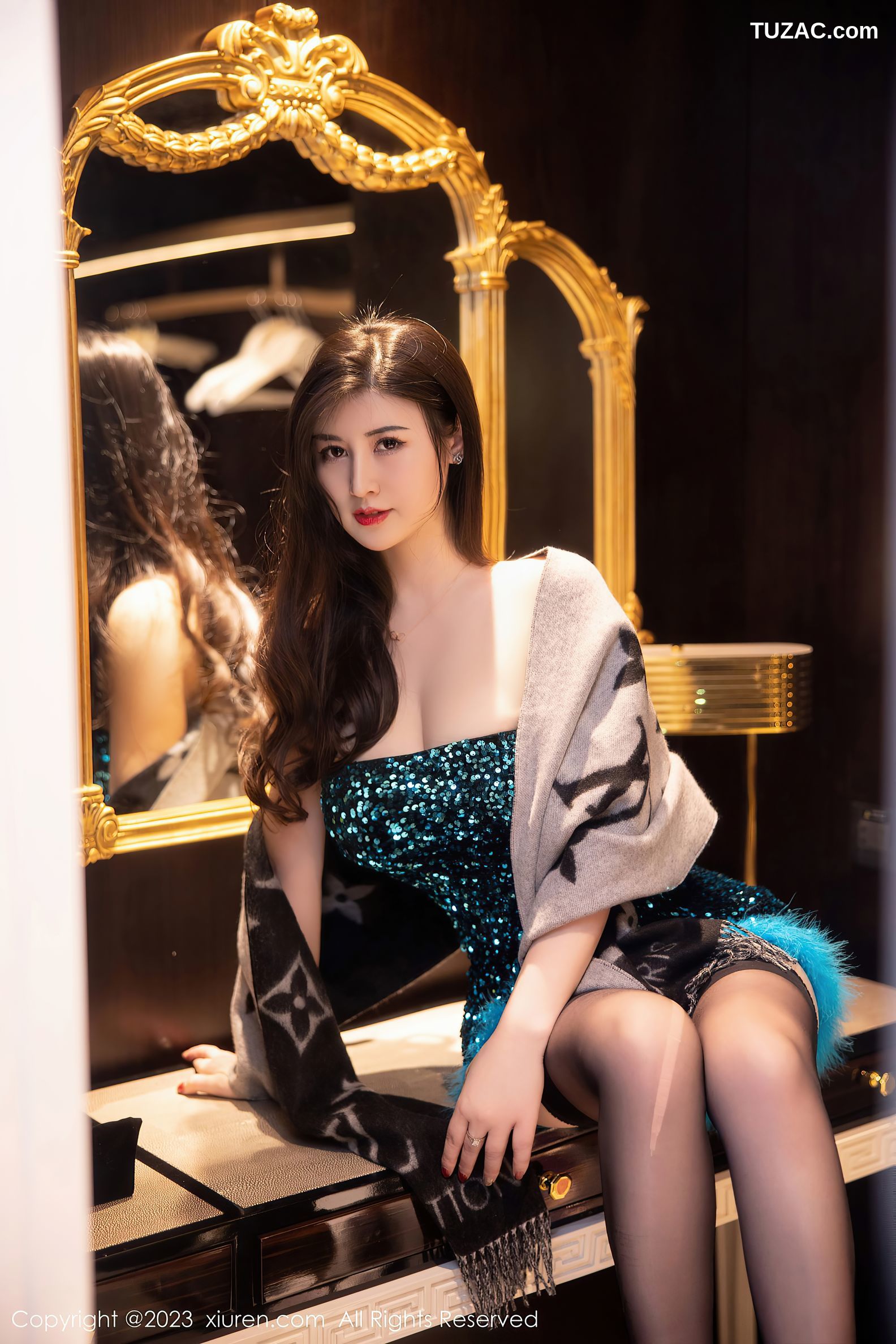 XiuRen秀人网-6384-诗诗kiki-蓝黑肩连衣短裙黑色蕾丝内衣-2023.03.08