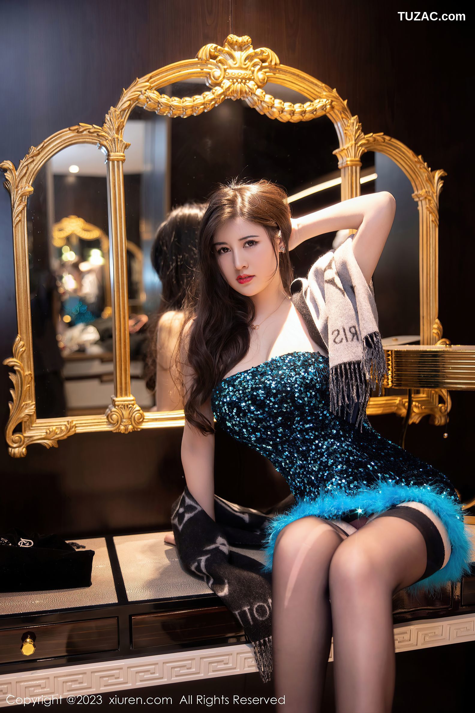 XiuRen秀人网-6384-诗诗kiki-蓝黑肩连衣短裙黑色蕾丝内衣-2023.03.08